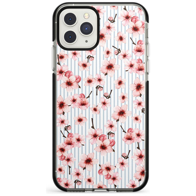 Cherry Blossoms on Blue Stripes Pattern Black Impact Phone Case for iPhone 11 Pro Max
