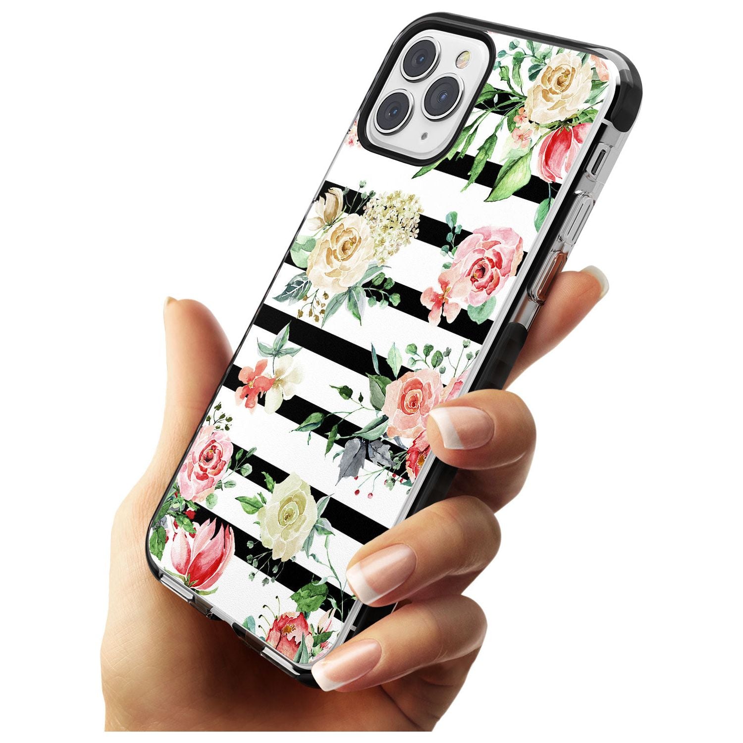 Bold Stripes & Flower Pattern Black Impact Phone Case for iPhone 11 Pro Max