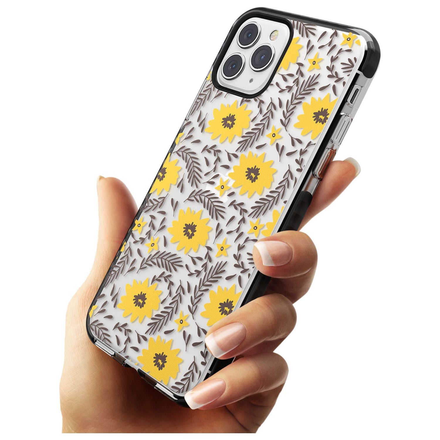 Yellow Blossoms Transparent Floral Black Impact Phone Case for iPhone 11 Pro Max
