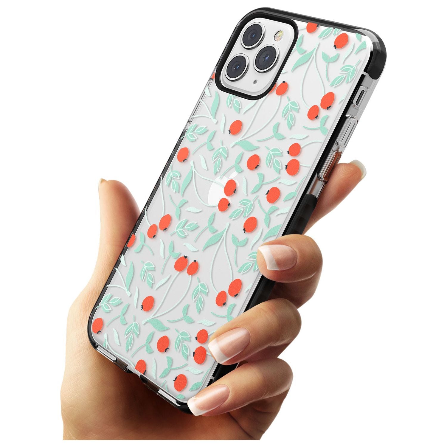Red Berries Transparent Floral Black Impact Phone Case for iPhone 11 Pro Max