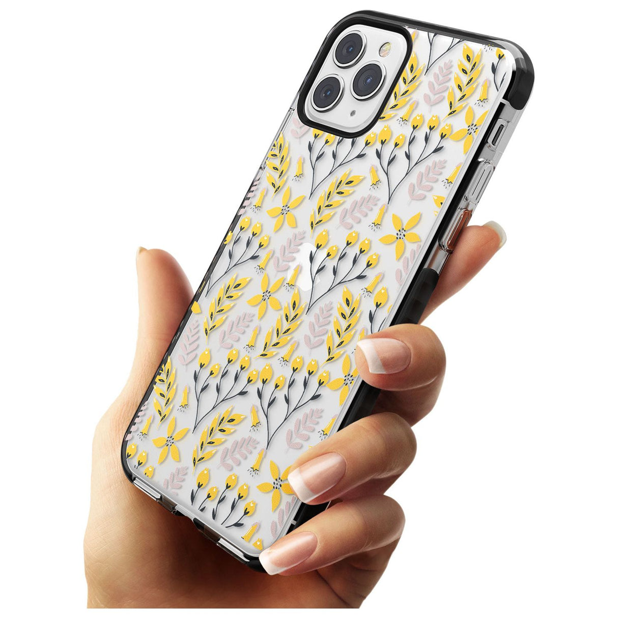 Yellow Leaves Transparent Floral Black Impact Phone Case for iPhone 11 Pro Max