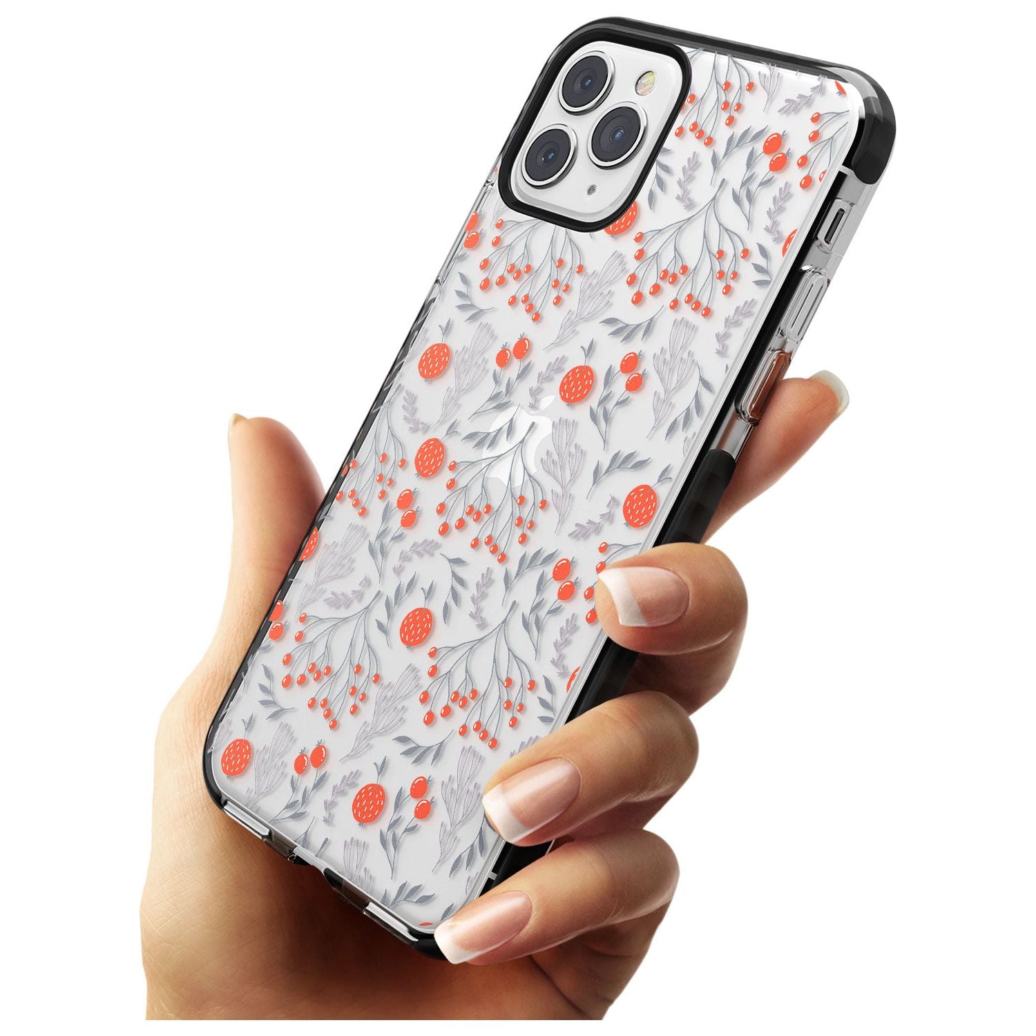 Red Fruits Transparent Floral Black Impact Phone Case for iPhone 11 Pro Max