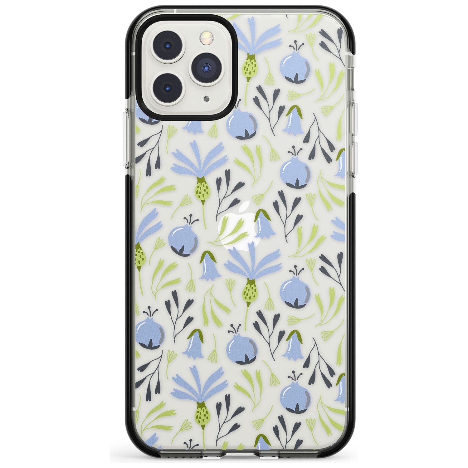 Blue Flora Transparent Floral Black Impact Phone Case for iPhone 11 Pro Max
