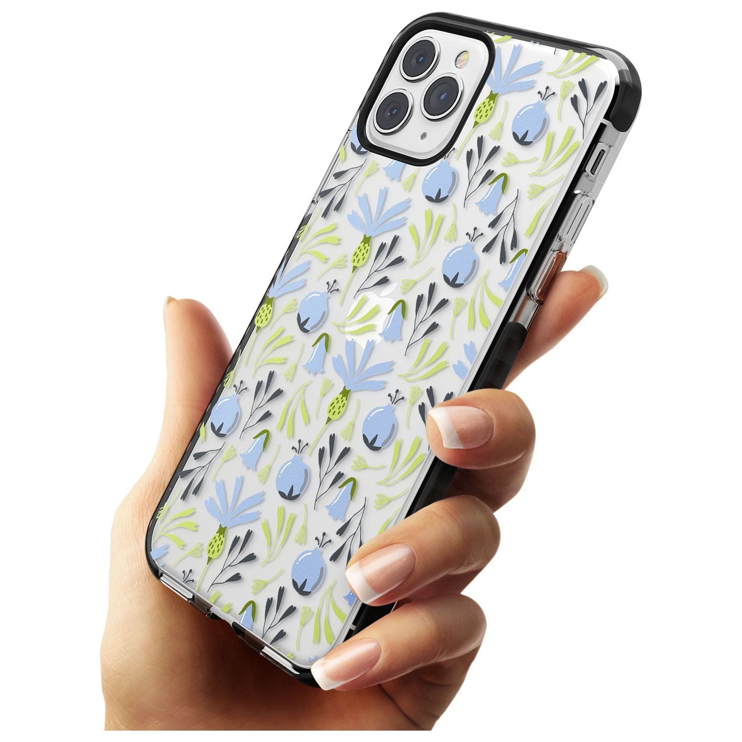 Blue Flora Transparent Floral Black Impact Phone Case for iPhone 11 Pro Max
