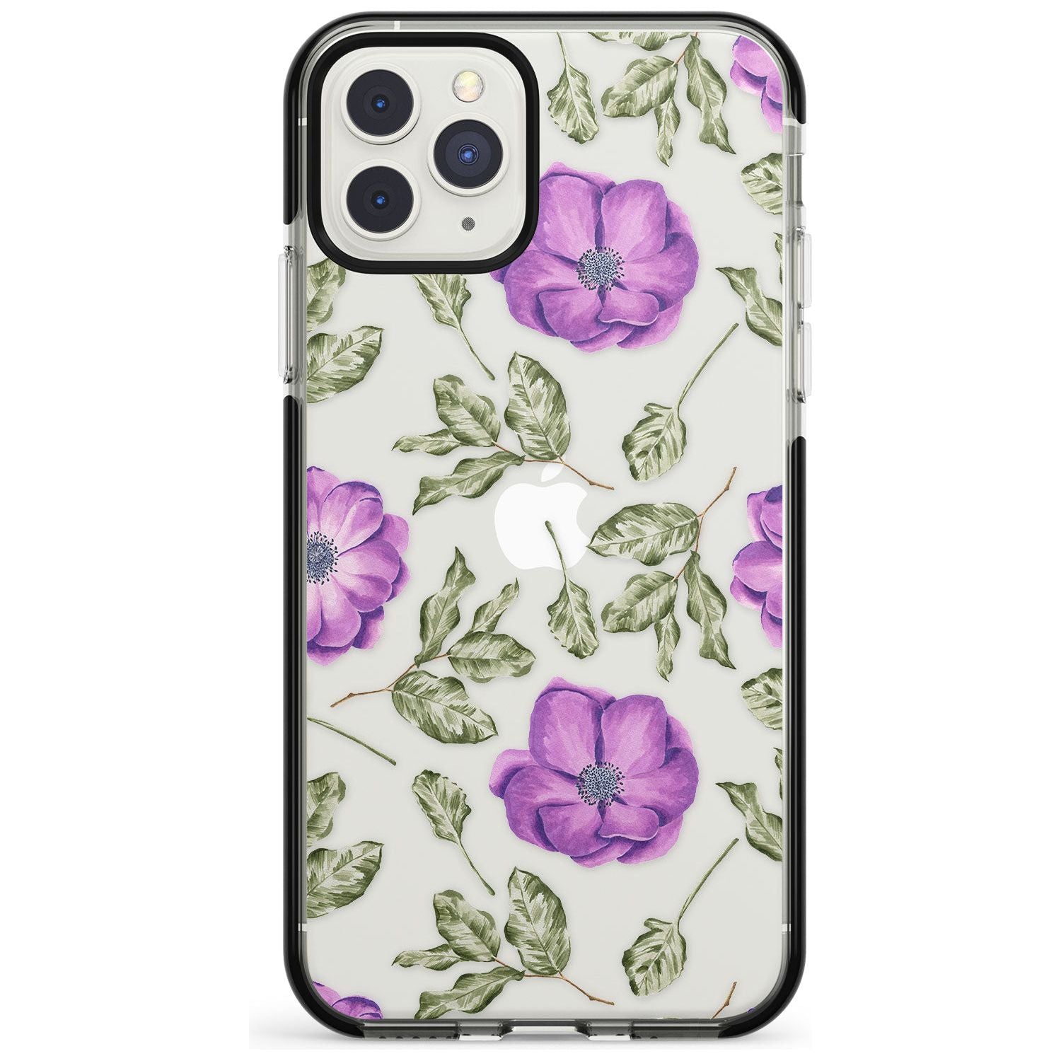 Purple Blossoms Transparent Floral Black Impact Phone Case for iPhone 11 Pro Max