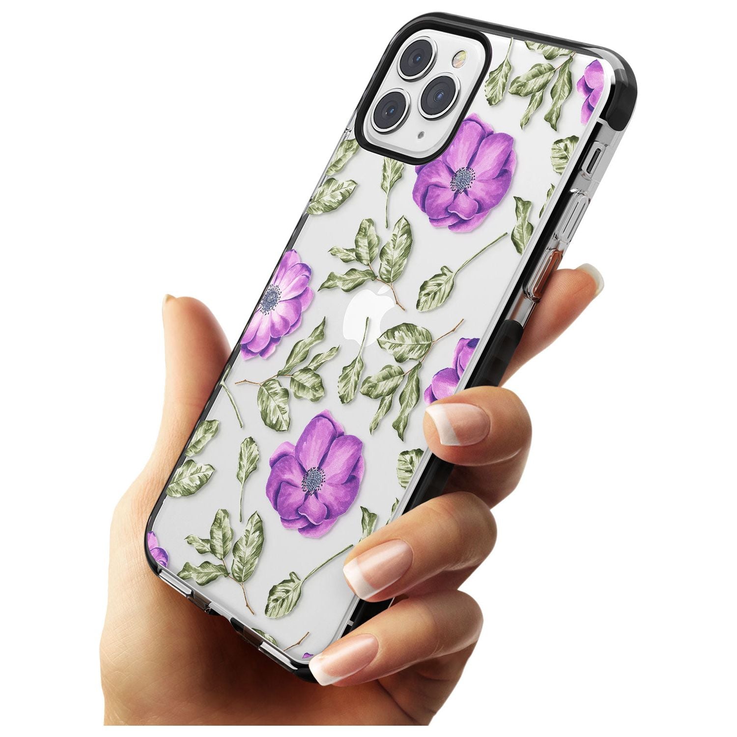 Purple Blossoms Transparent Floral Black Impact Phone Case for iPhone 11 Pro Max