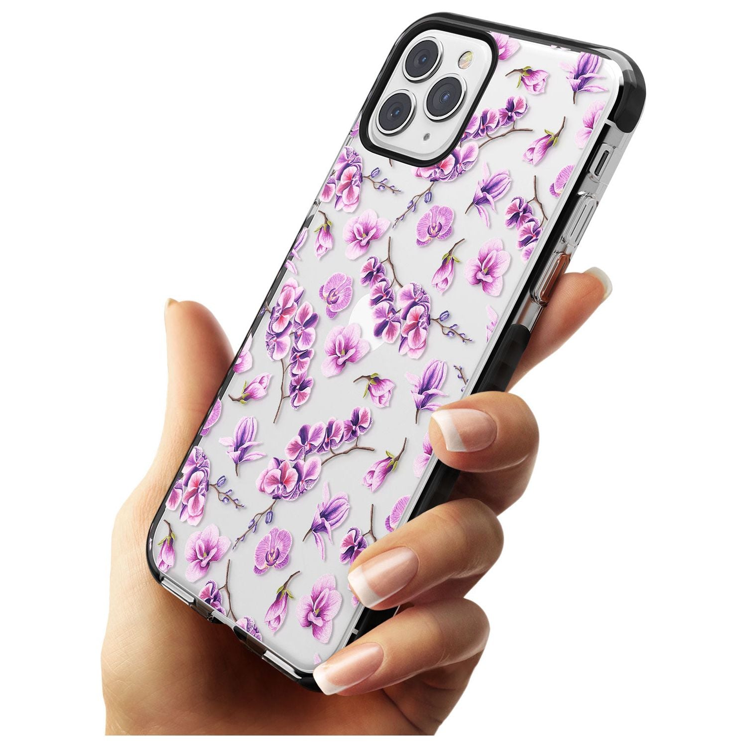 Purple Orchids Transparent Floral Black Impact Phone Case for iPhone 11 Pro Max