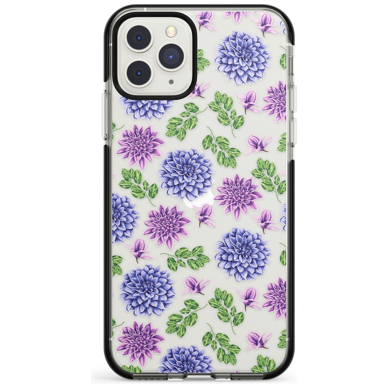 Purple Dahlias Transparent Floral Black Impact Phone Case for iPhone 11 Pro Max