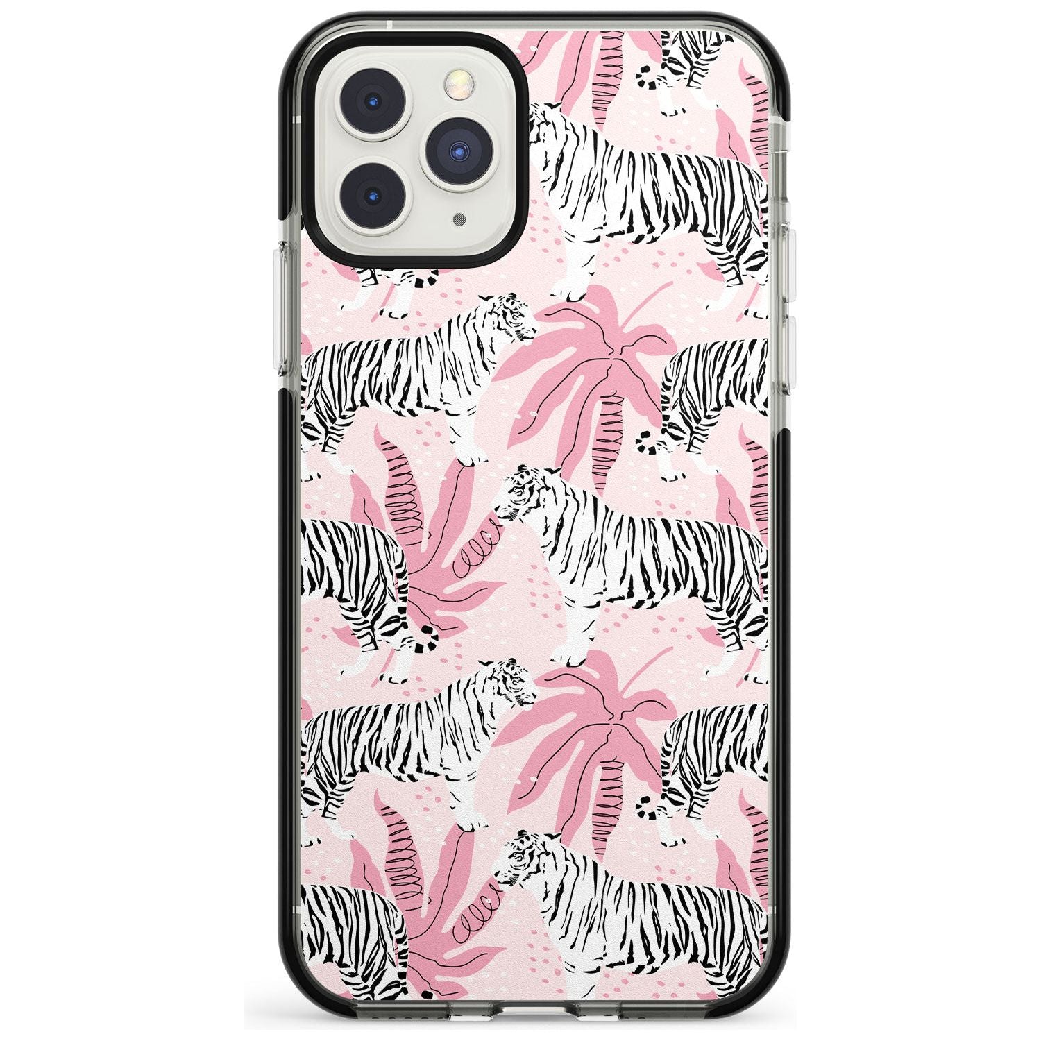White Tigers on Pink Pattern Black Impact Phone Case for iPhone 11 Pro Max