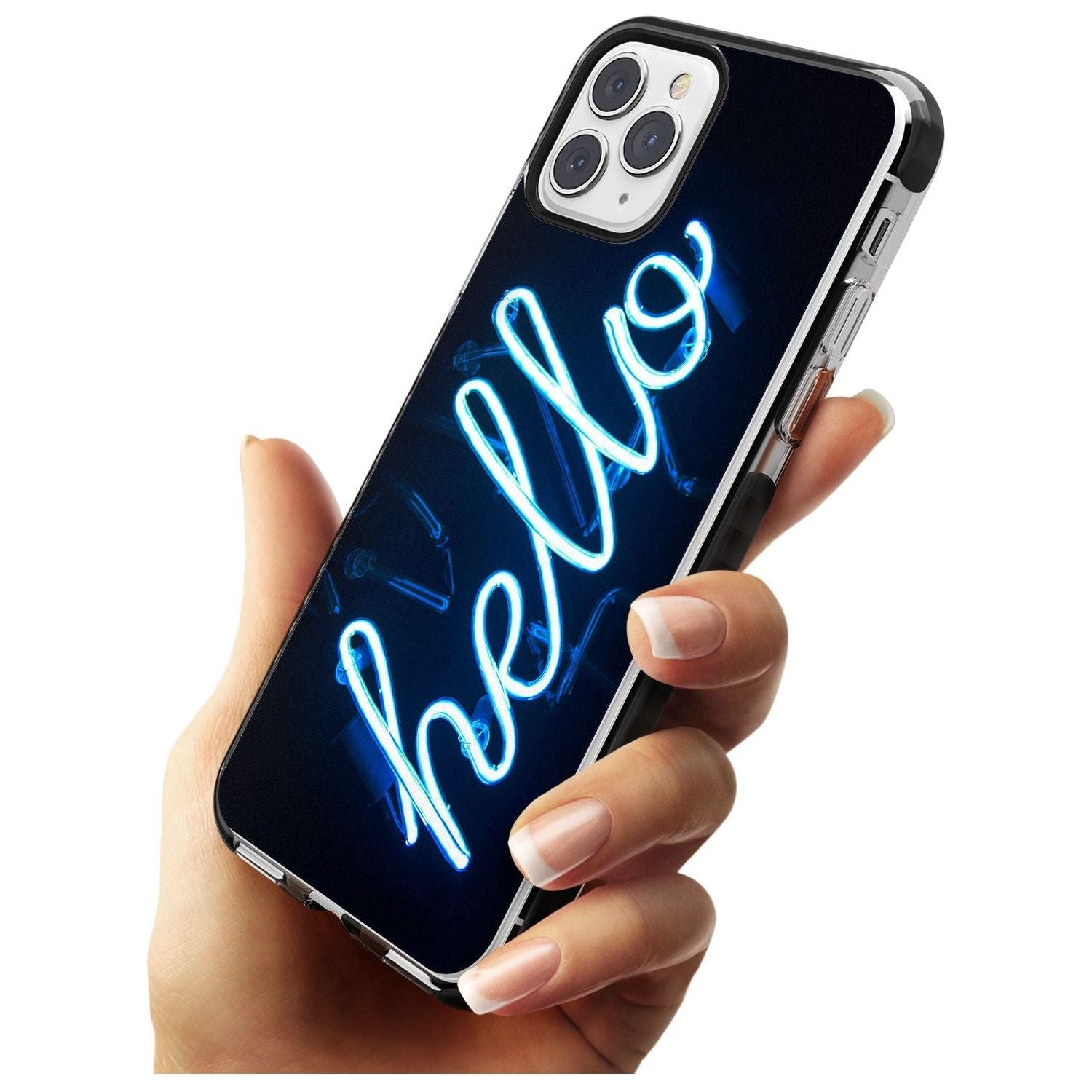 "Hello" Blue Cursive Neon Sign Black Impact Phone Case for iPhone 11 Pro Max