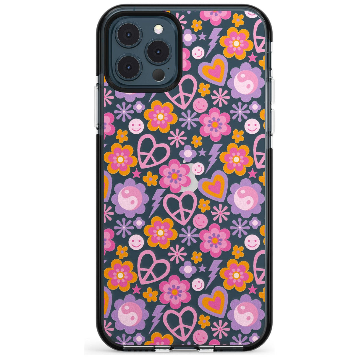 Peace, Love and Flowers Pattern Black Impact Phone Case for iPhone 11