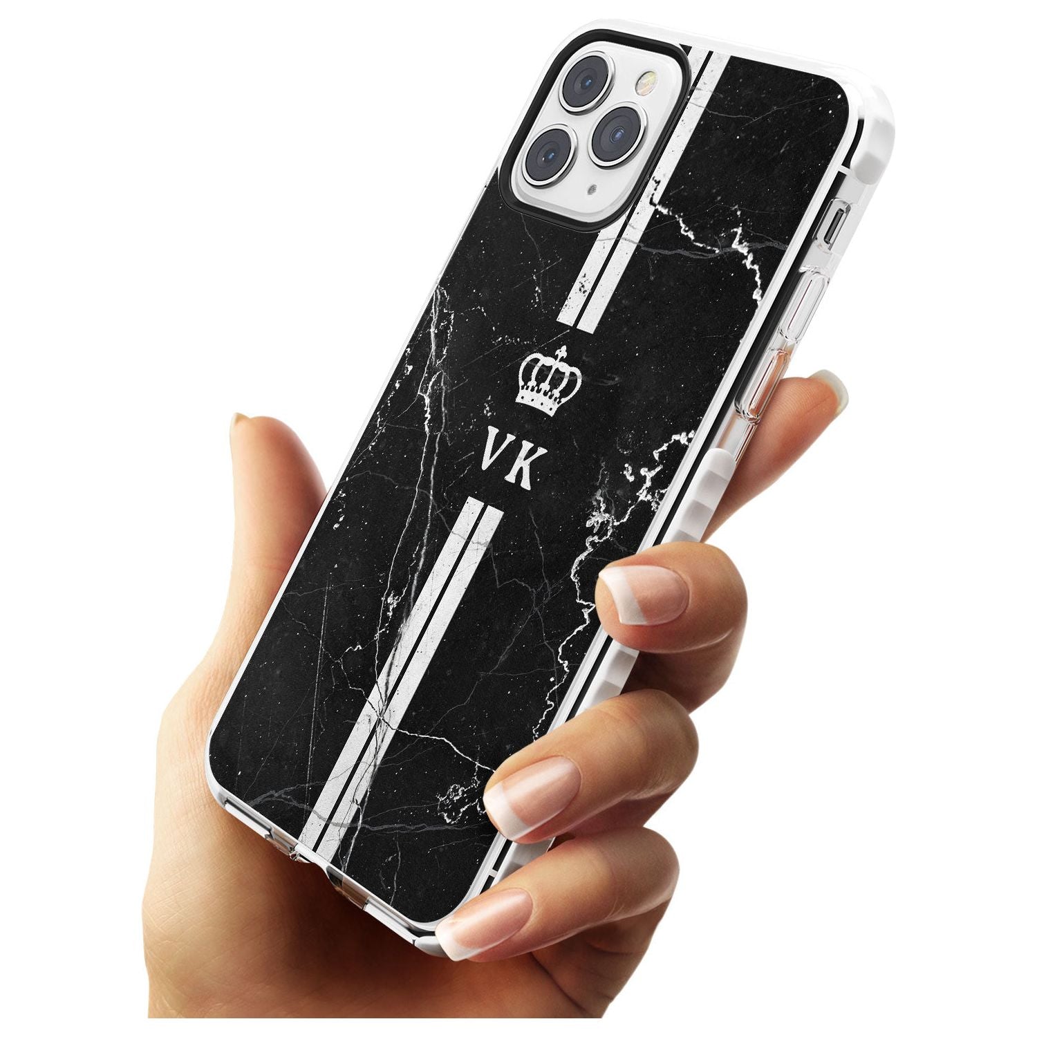 Stripes + Initials with Crown on Black Marble Impact Phone Case for iPhone 11 Pro Max