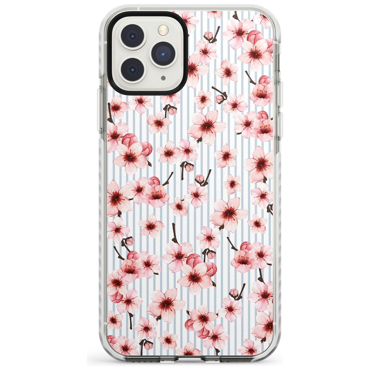 Cherry Blossoms on Blue Stripes Pattern Impact Phone Case for iPhone 11 Pro Max