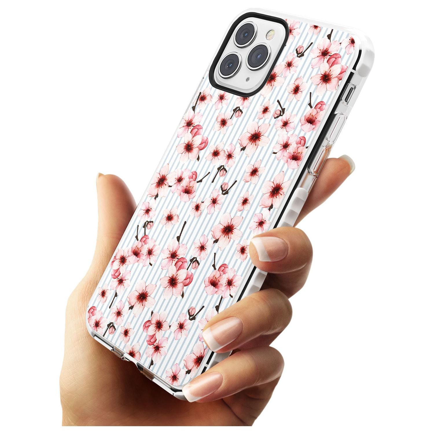 Cherry Blossoms on Blue Stripes Pattern Impact Phone Case for iPhone 11 Pro Max