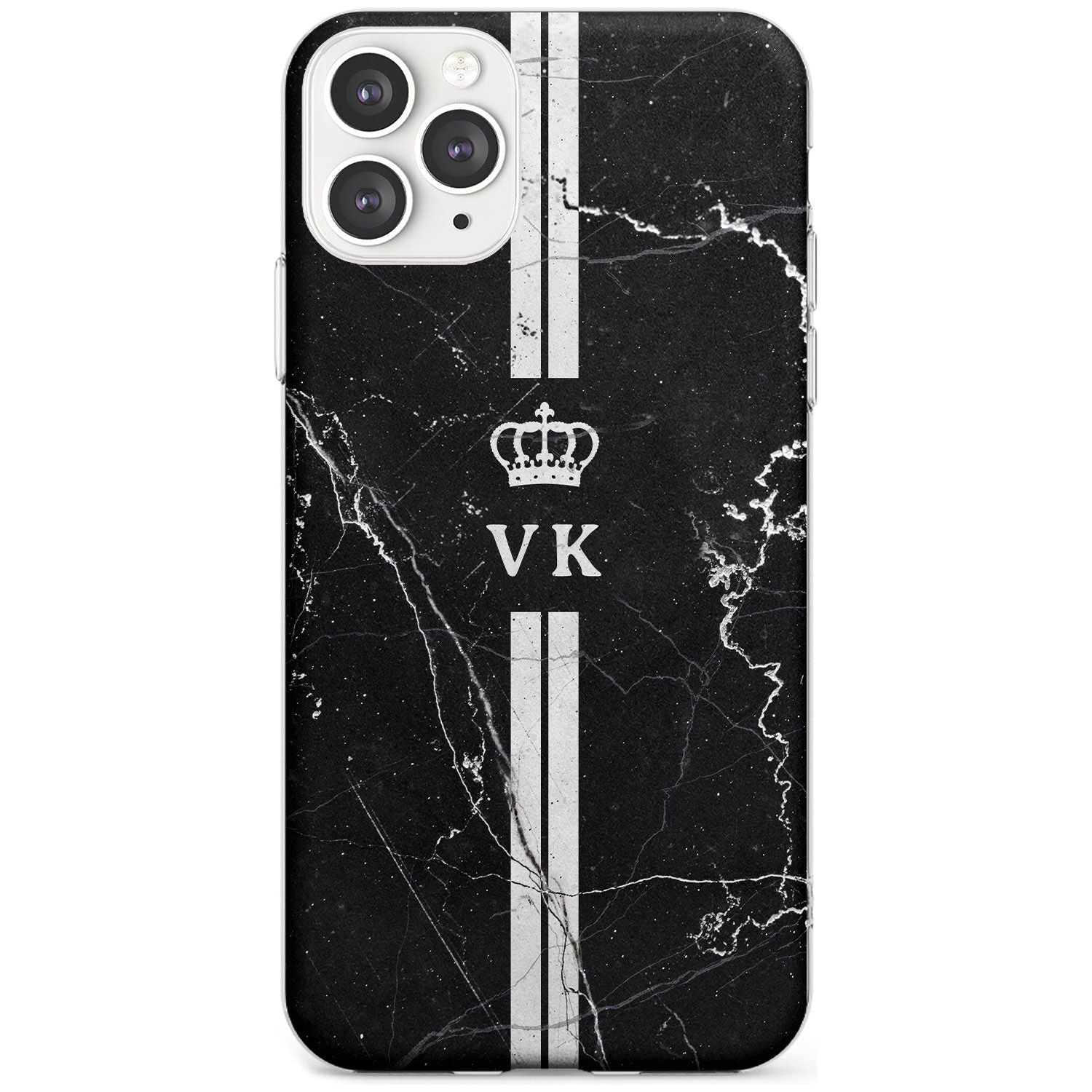 Stripes + Initials with Crown on Black Marble Slim TPU Phone Case for iPhone 11 Pro Max