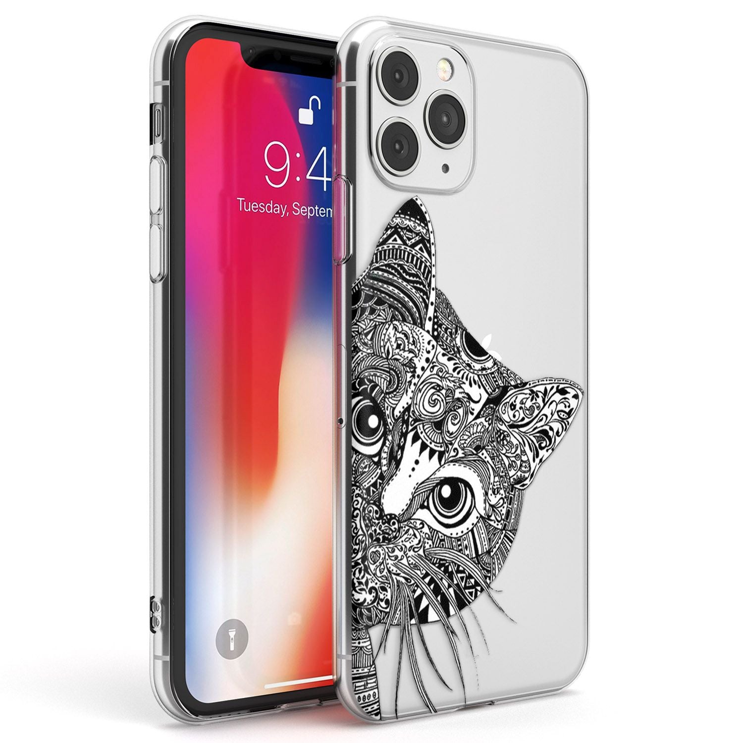 Henna Cat Phone Case iPhone 11 Pro Max / Clear Case,iPhone 11 Pro / Clear Case,iPhone 12 Pro Max / Clear Case,iPhone 12 Pro / Clear Case Blanc Space