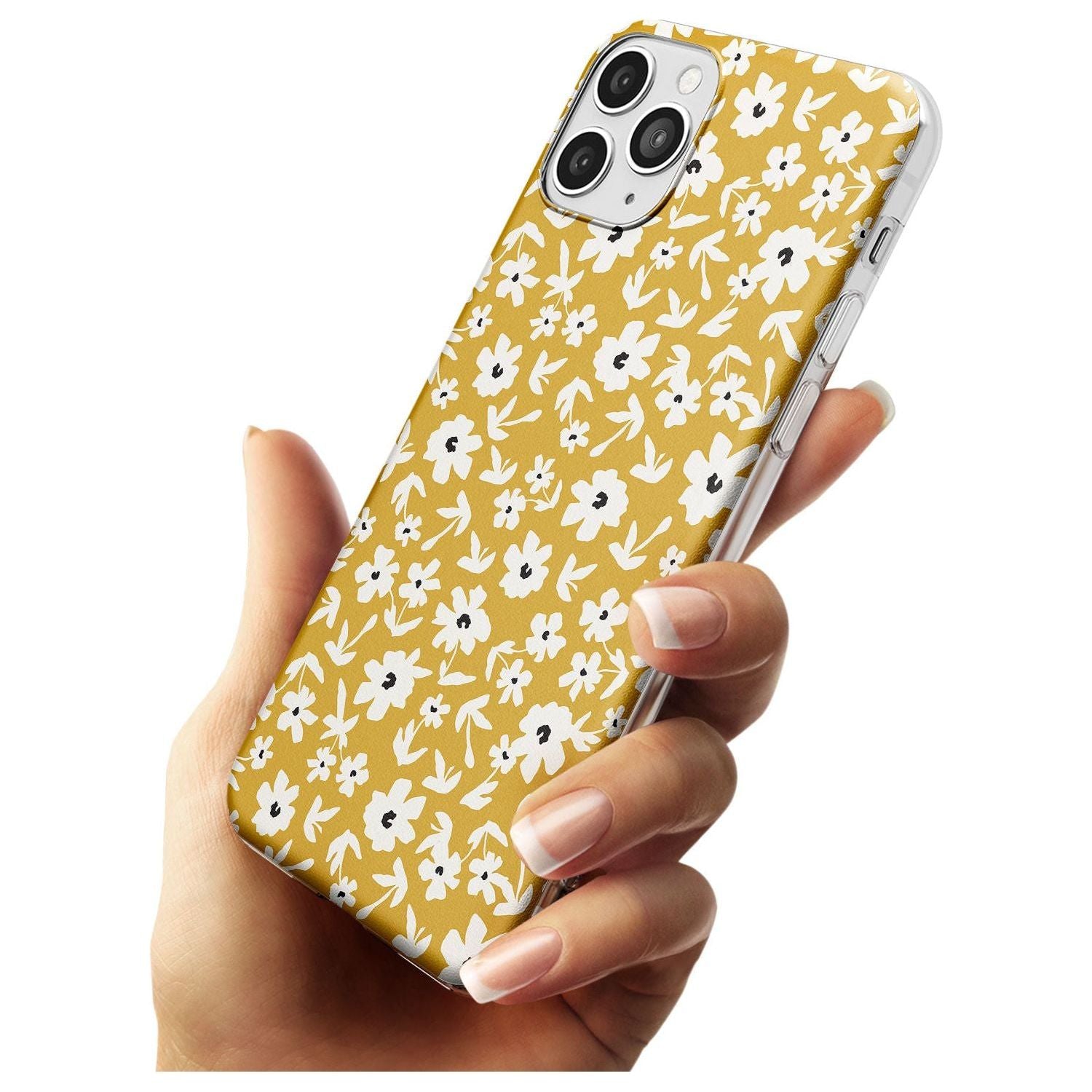 Floral Print on Mustard - Cute Floral Design Black Impact Phone Case for iPhone 11 Pro Max