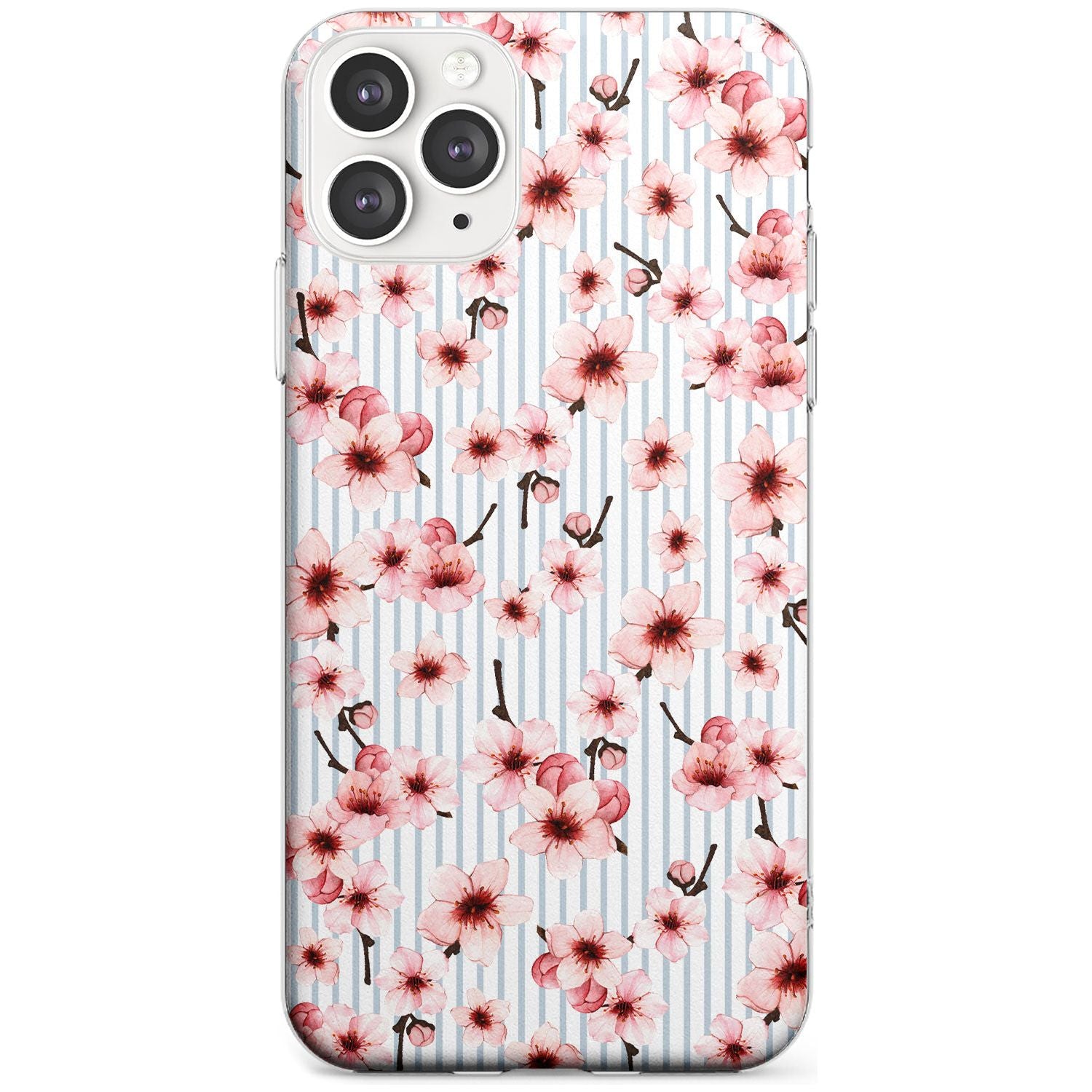 Cherry Blossoms on Blue Stripes Pattern Slim TPU Phone Case for iPhone 11 Pro Max