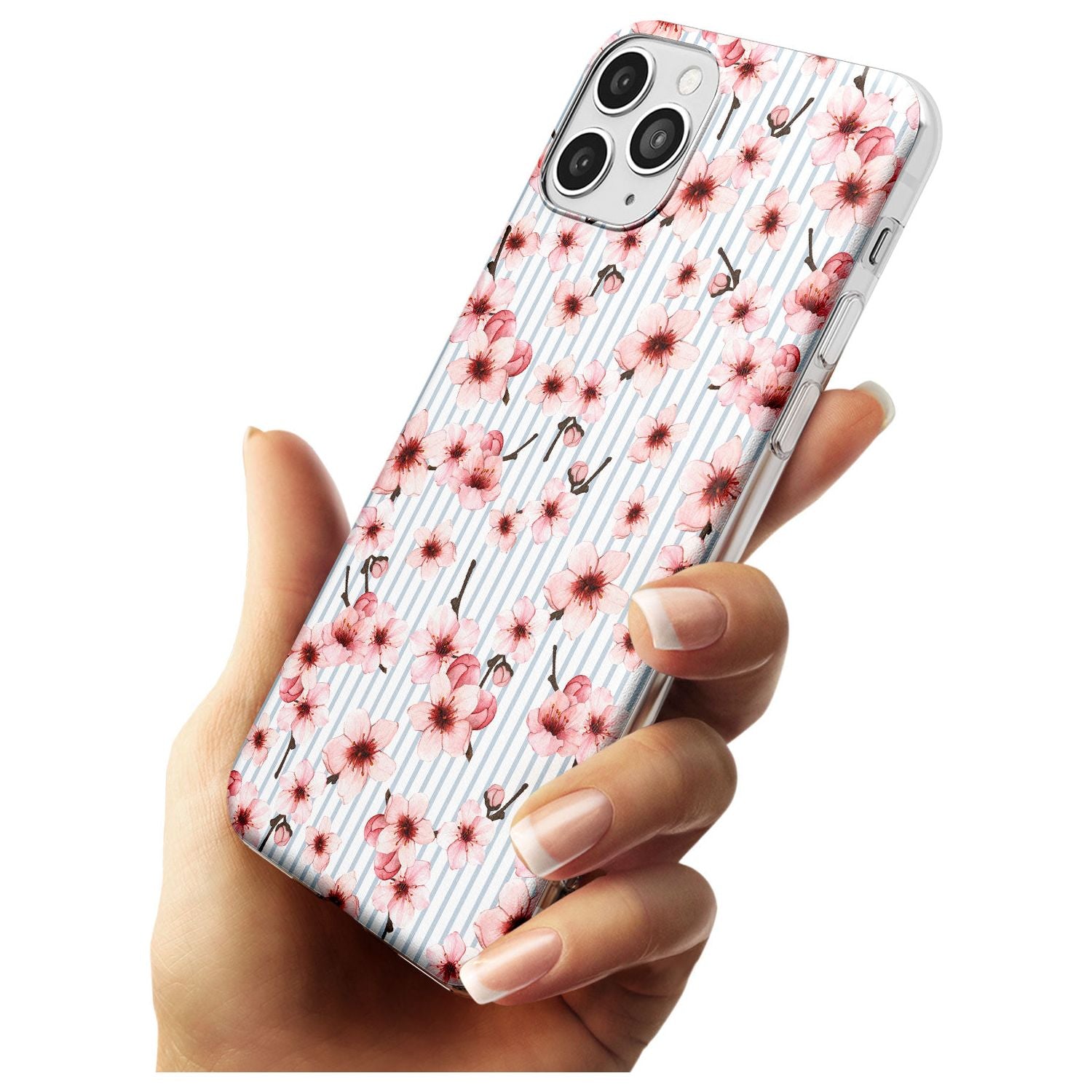 Cherry Blossoms on Blue Stripes Pattern Slim TPU Phone Case for iPhone 11 Pro Max