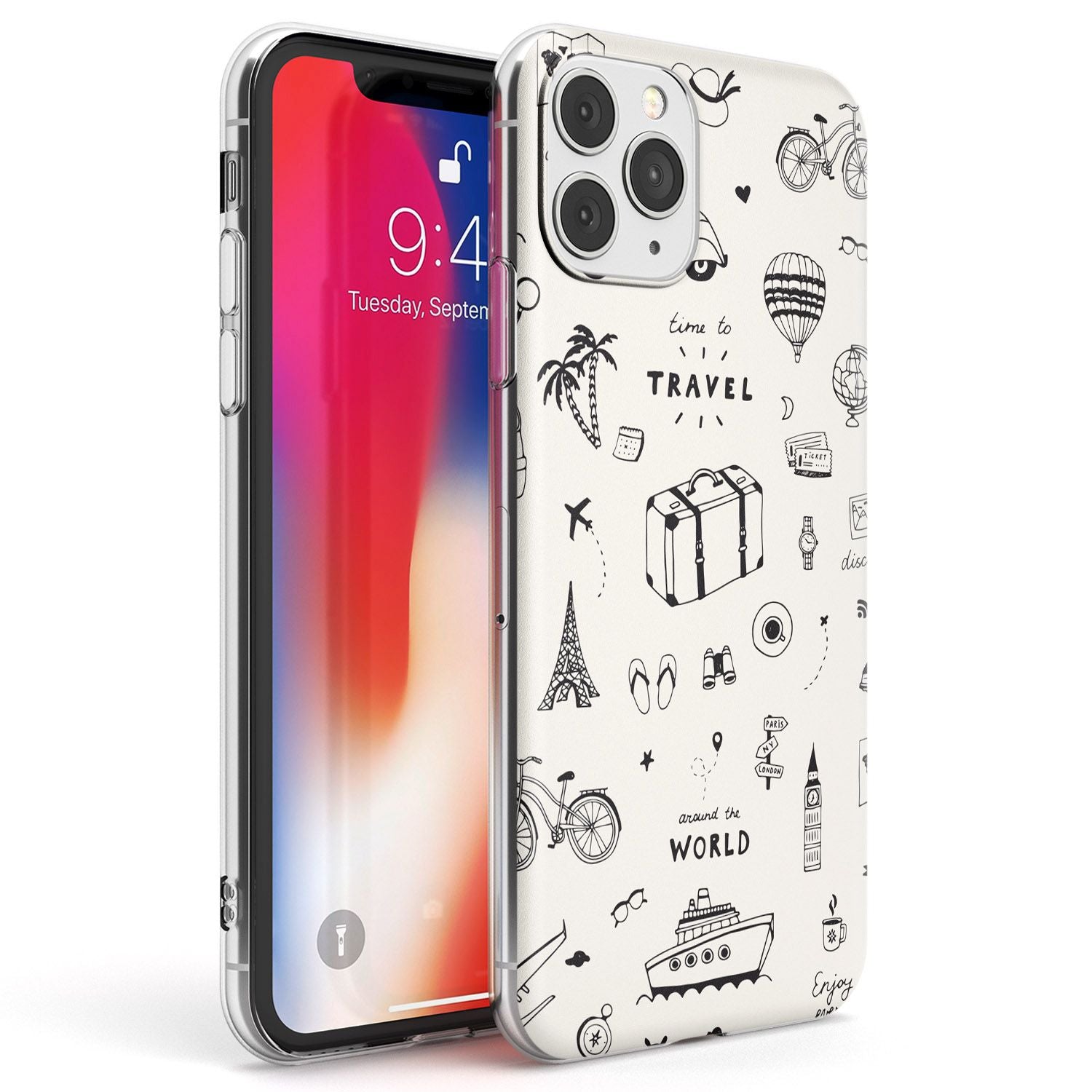 Cute Travel Pattern, White on Phone Case iPhone 11 Pro Max / Clear Case,iPhone 11 Pro / Clear Case,iPhone 12 Pro Max / Clear Case,iPhone 12 Pro / Clear Case Blanc Space