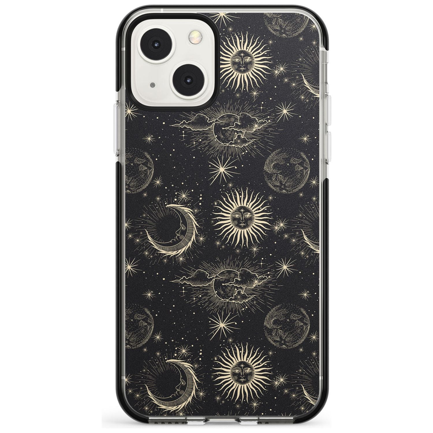 Large Suns, Moons & Clouds Astrological Phone Case iPhone 13 Mini / Black Impact Case Blanc Space