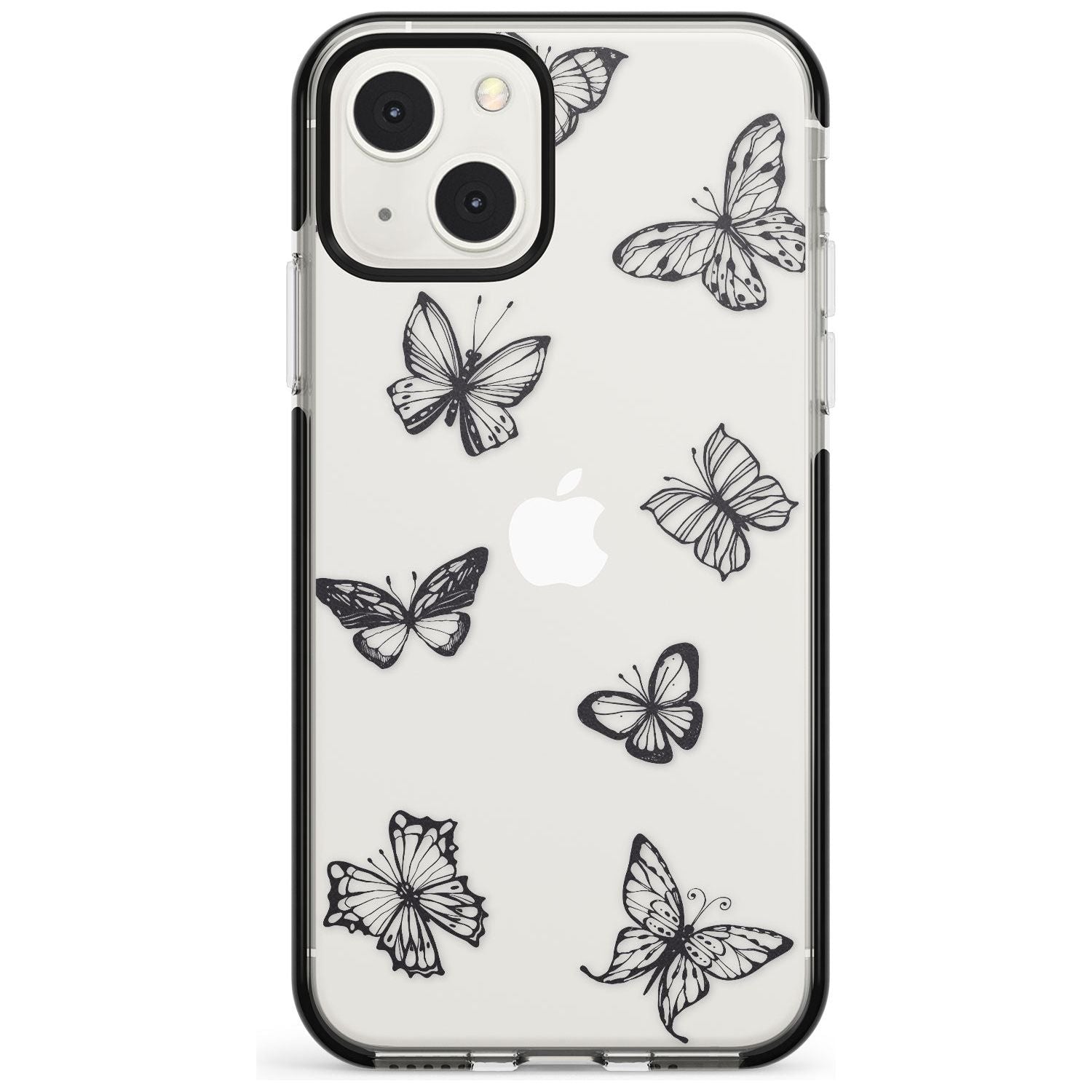 Grey Butterfly Line Pattern Black Impact Phone Case for iPhone 13 & 13 Mini