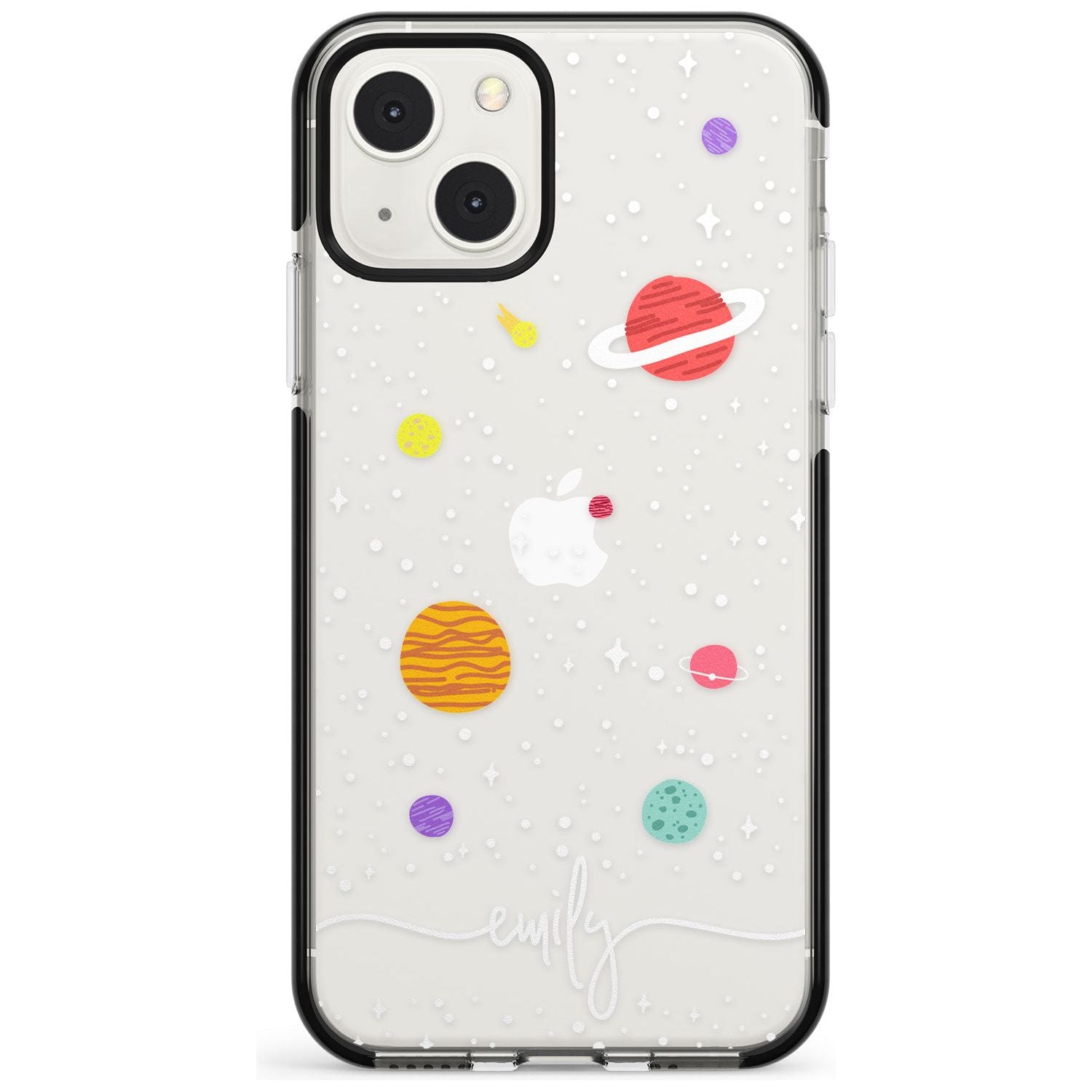 Personalised Cute Cartoon Planets (Clear) Phone Case iPhone 13 Mini / Black Impact Case Blanc Space