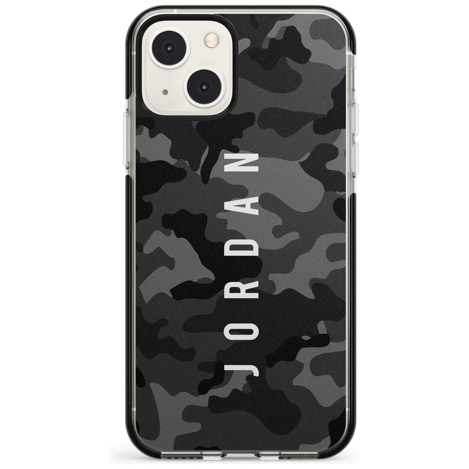 Personalised Small Vertical Name Black Camouflage Custom Phone Case iPhone 13 Mini / Black Impact Case Blanc Space
