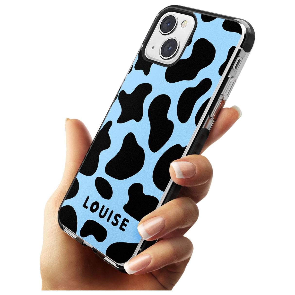 Personalised Blue and Black Cow Print Black Impact Phone Case for iPhone 13 & 13 Mini