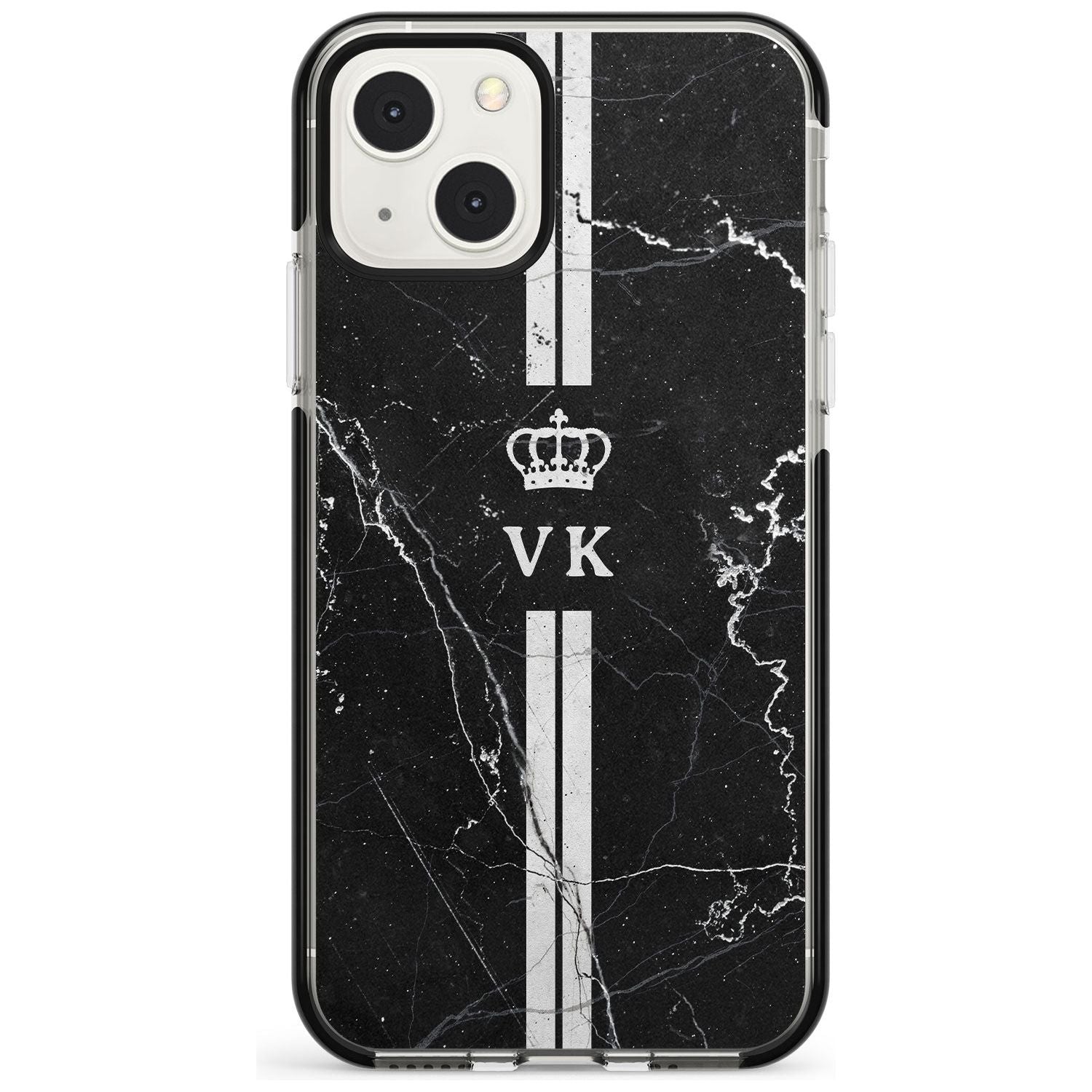 Personalised Stripes + Initials with Crown on Black Marble Custom Phone Case iPhone 13 Mini / Black Impact Case Blanc Space