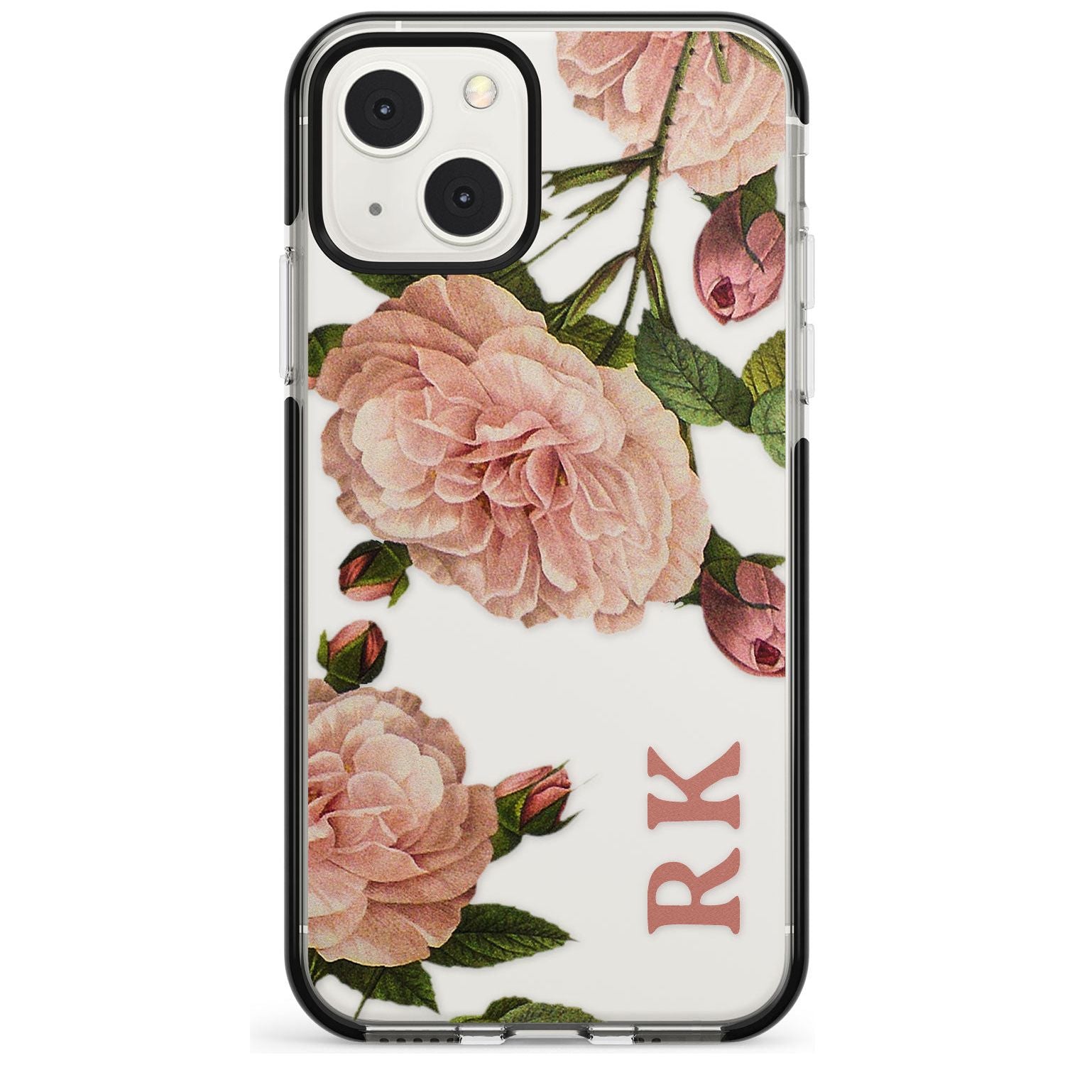 Personalised Clear Vintage Floral Pale Pink Peonies Custom Phone Case iPhone 13 Mini / Black Impact Case Blanc Space