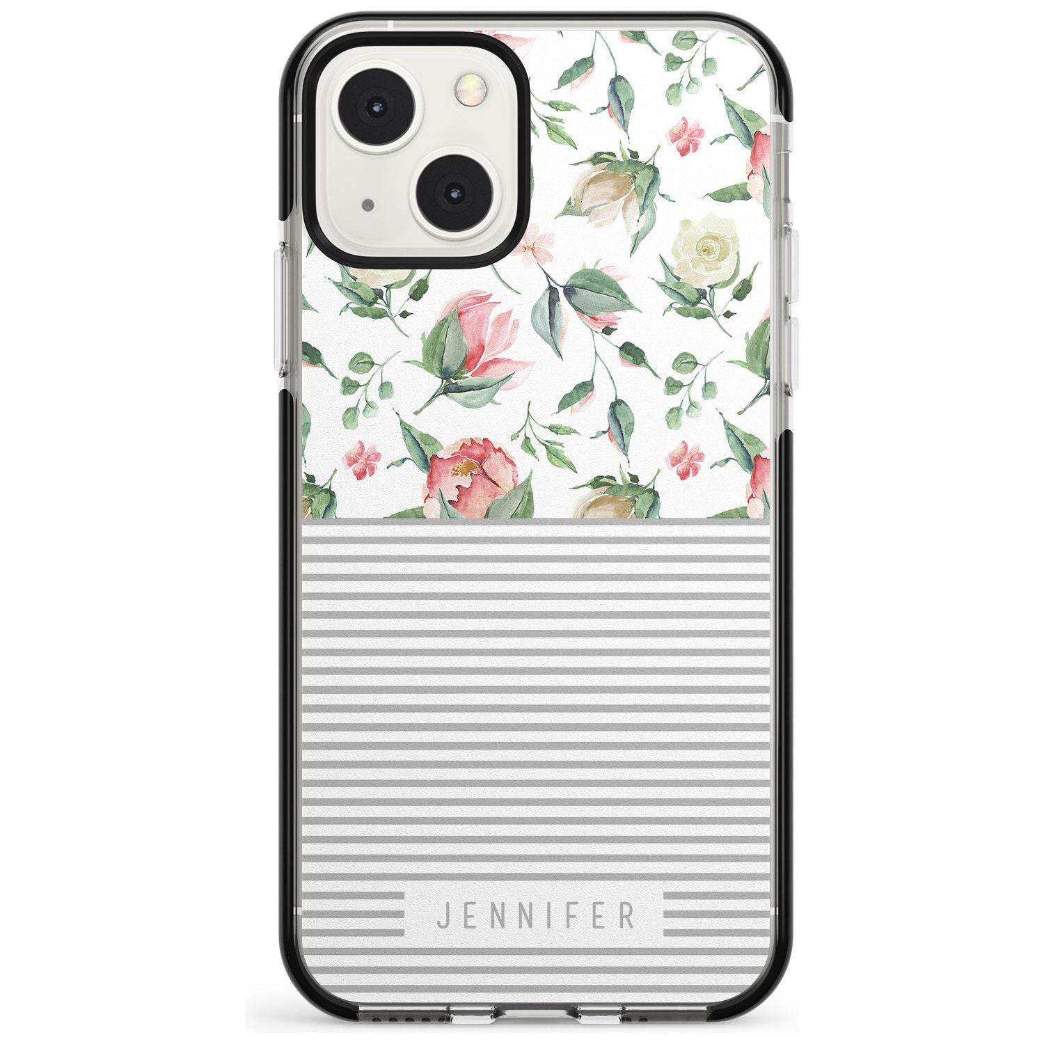 Personalised Light Floral Pattern & Stripes Custom Phone Case iPhone 13 Mini / Black Impact Case Blanc Space