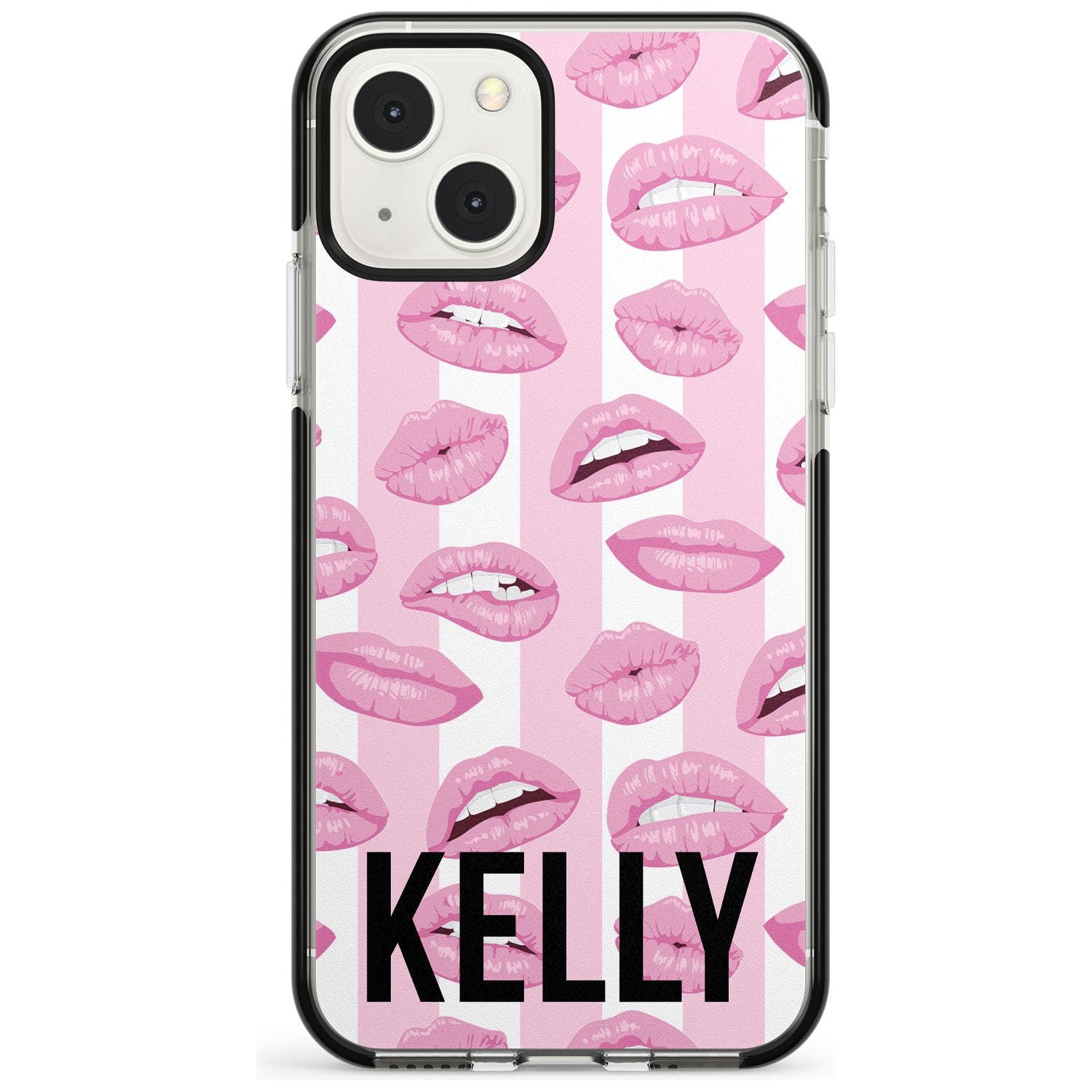 Personalised Pink Stripes & Lips Custom Phone Case iPhone 13 Mini / Black Impact Case Blanc Space