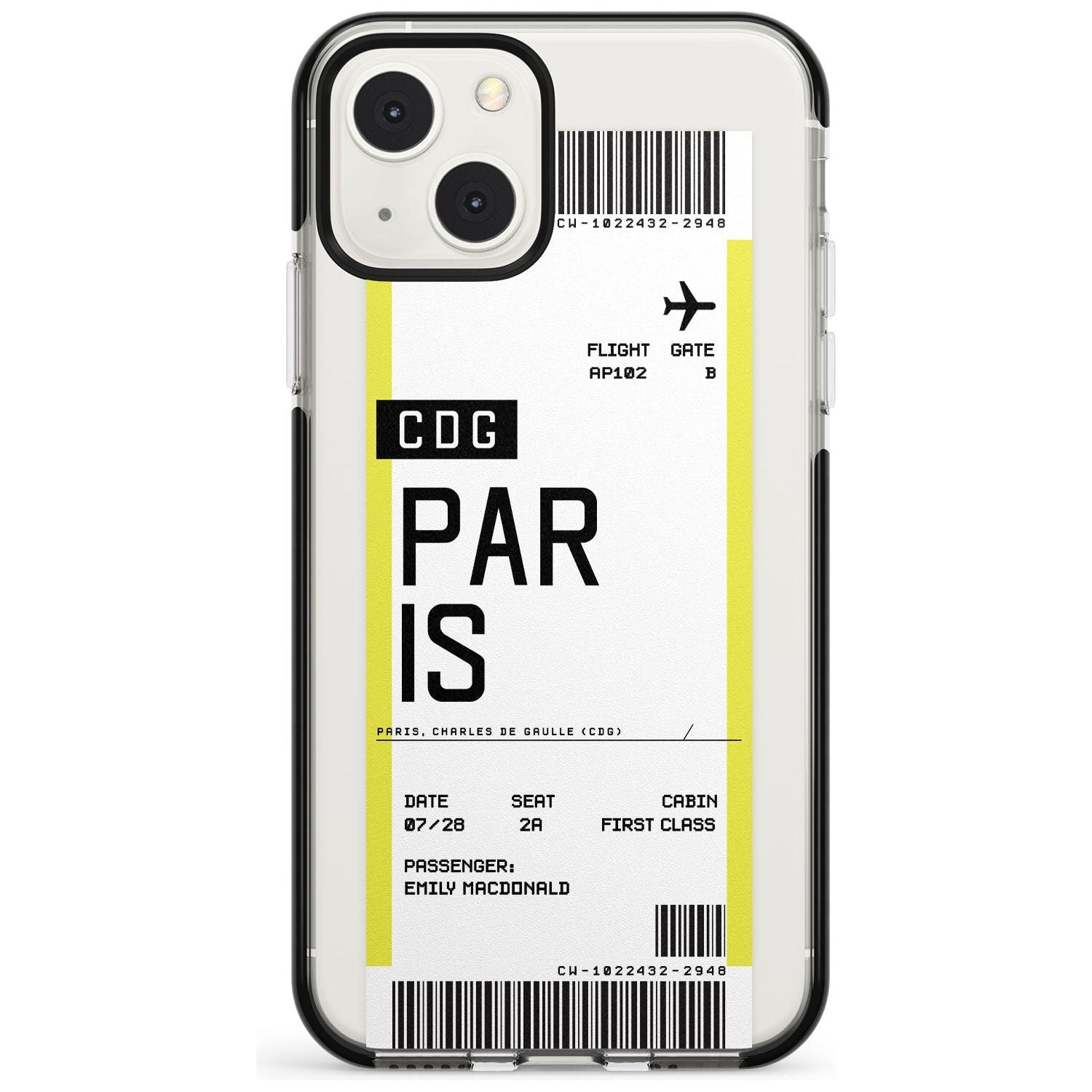 Personalised Paris Boarding Pass Custom Phone Case iPhone 13 Mini / Black Impact Case Blanc Space