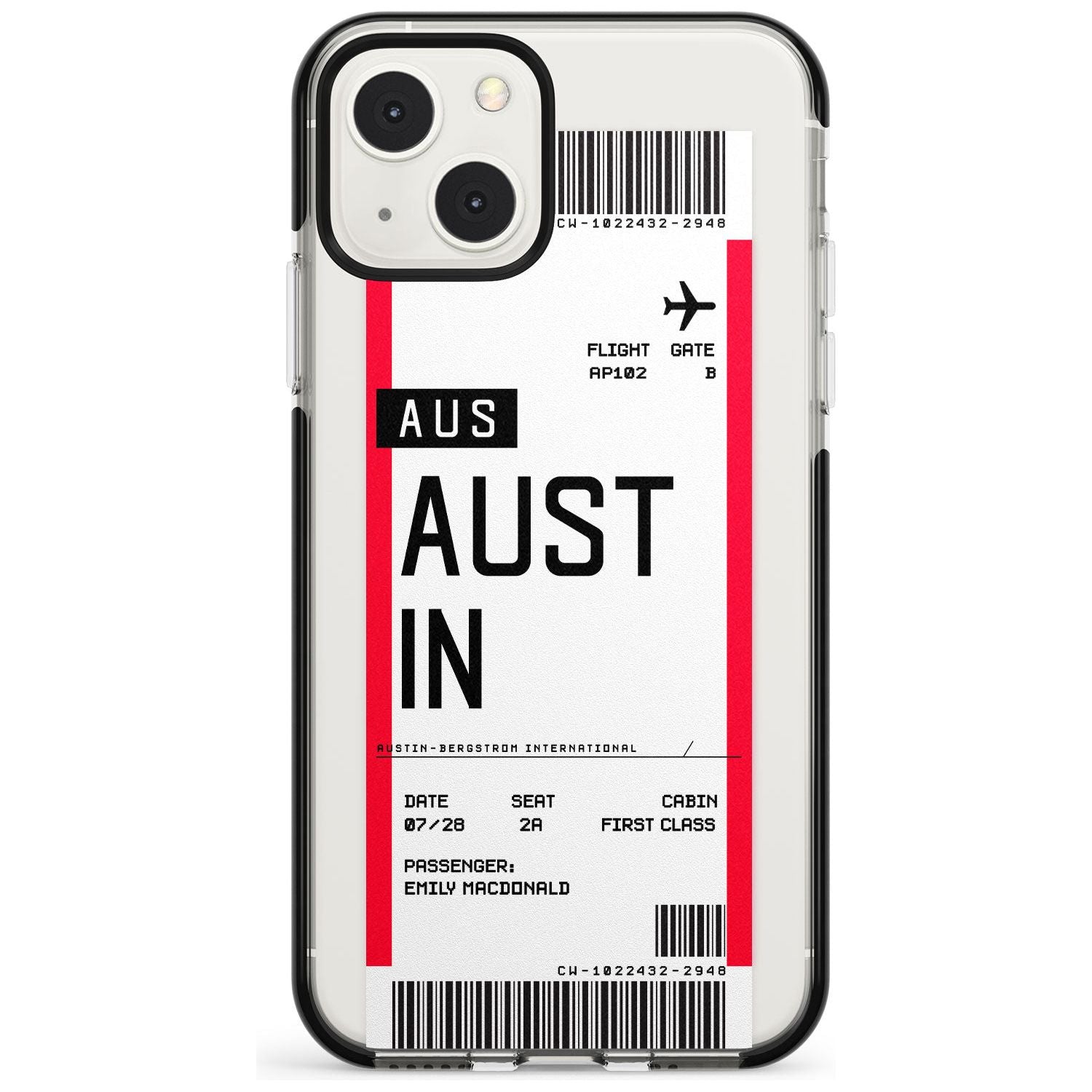 Personalised Austin Boarding Pass Custom Phone Case iPhone 13 Mini / Black Impact Case Blanc Space