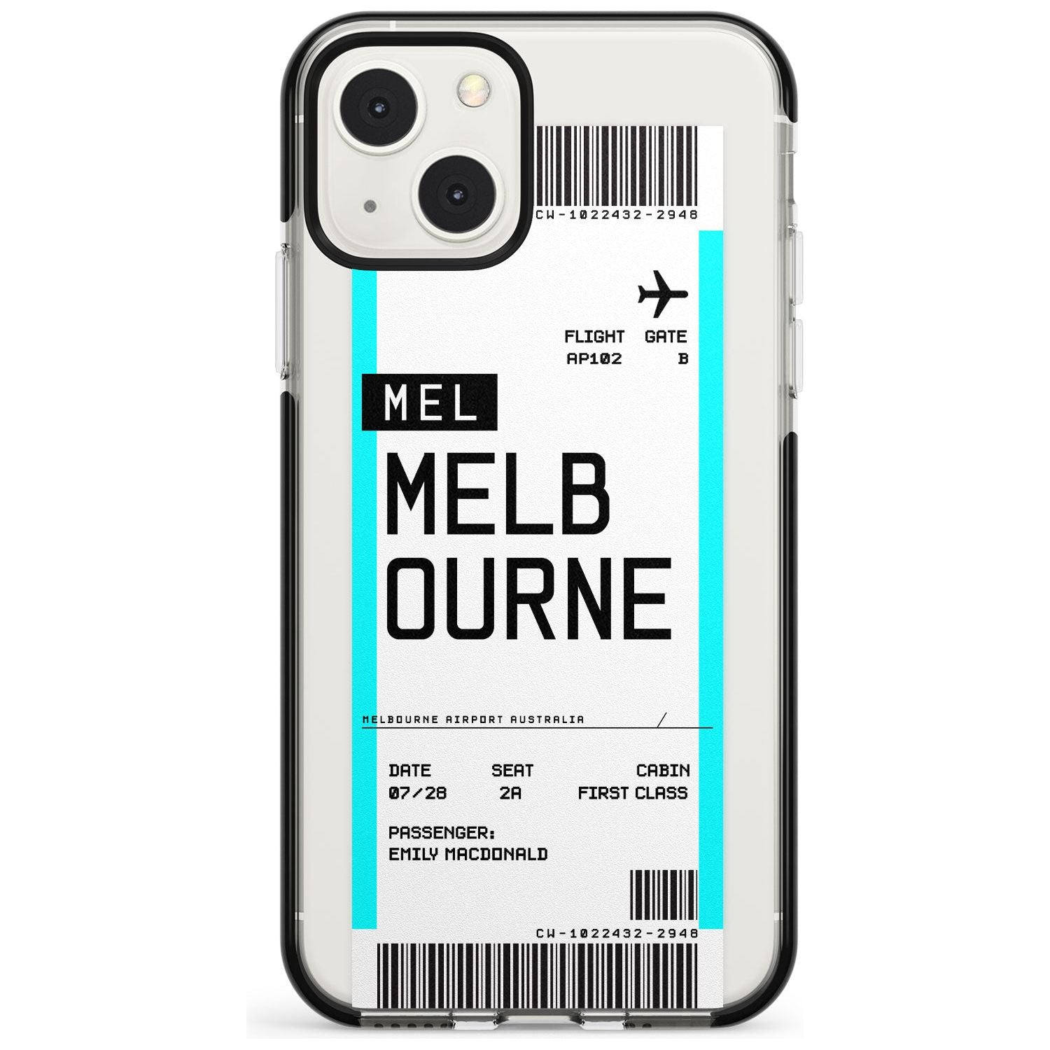 Personalised Melbourne Boarding Pass Custom Phone Case iPhone 13 Mini / Black Impact Case Blanc Space
