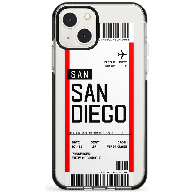 Personalised San Diego Boarding Pass Custom Phone Case iPhone 13 Mini / Black Impact Case Blanc Space