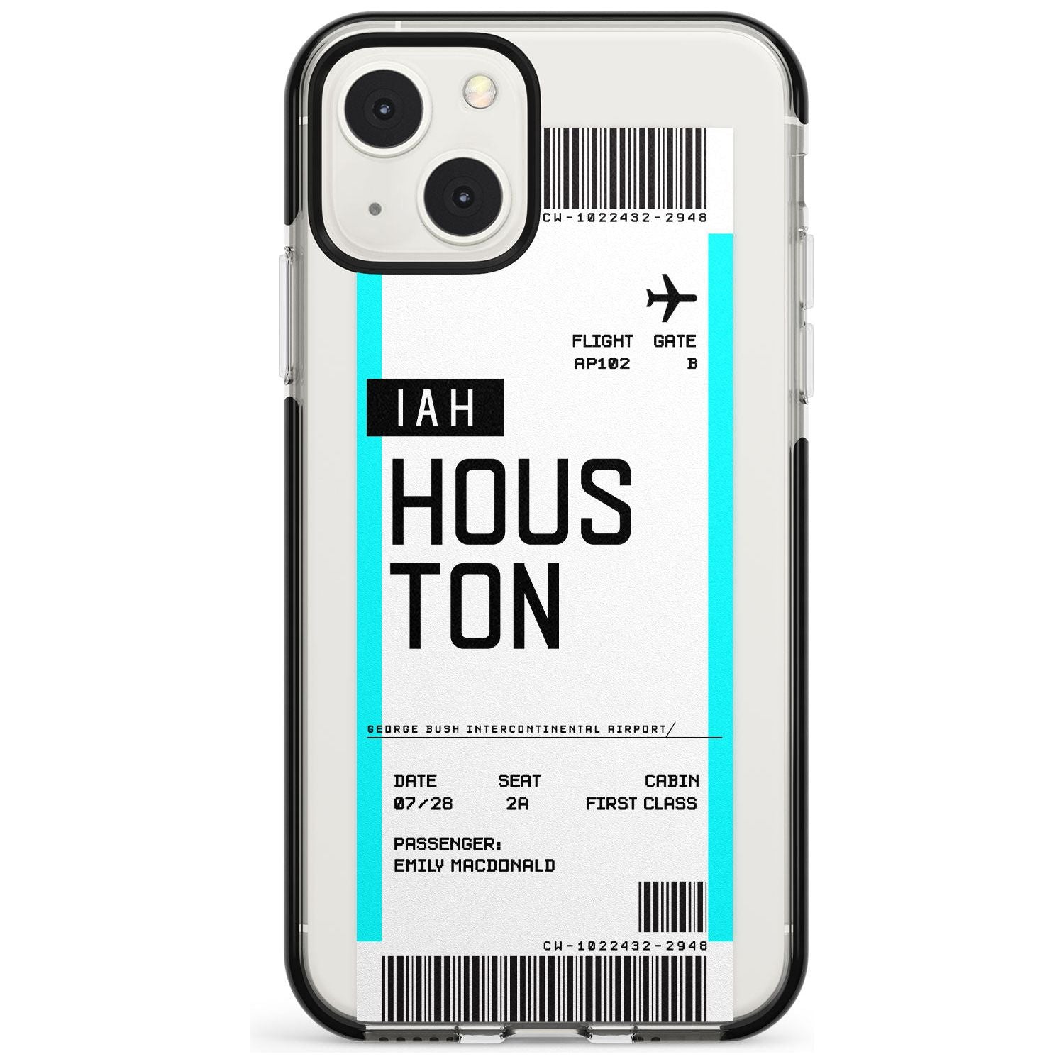 Personalised Houston Boarding Pass Custom Phone Case iPhone 13 Mini / Black Impact Case Blanc Space
