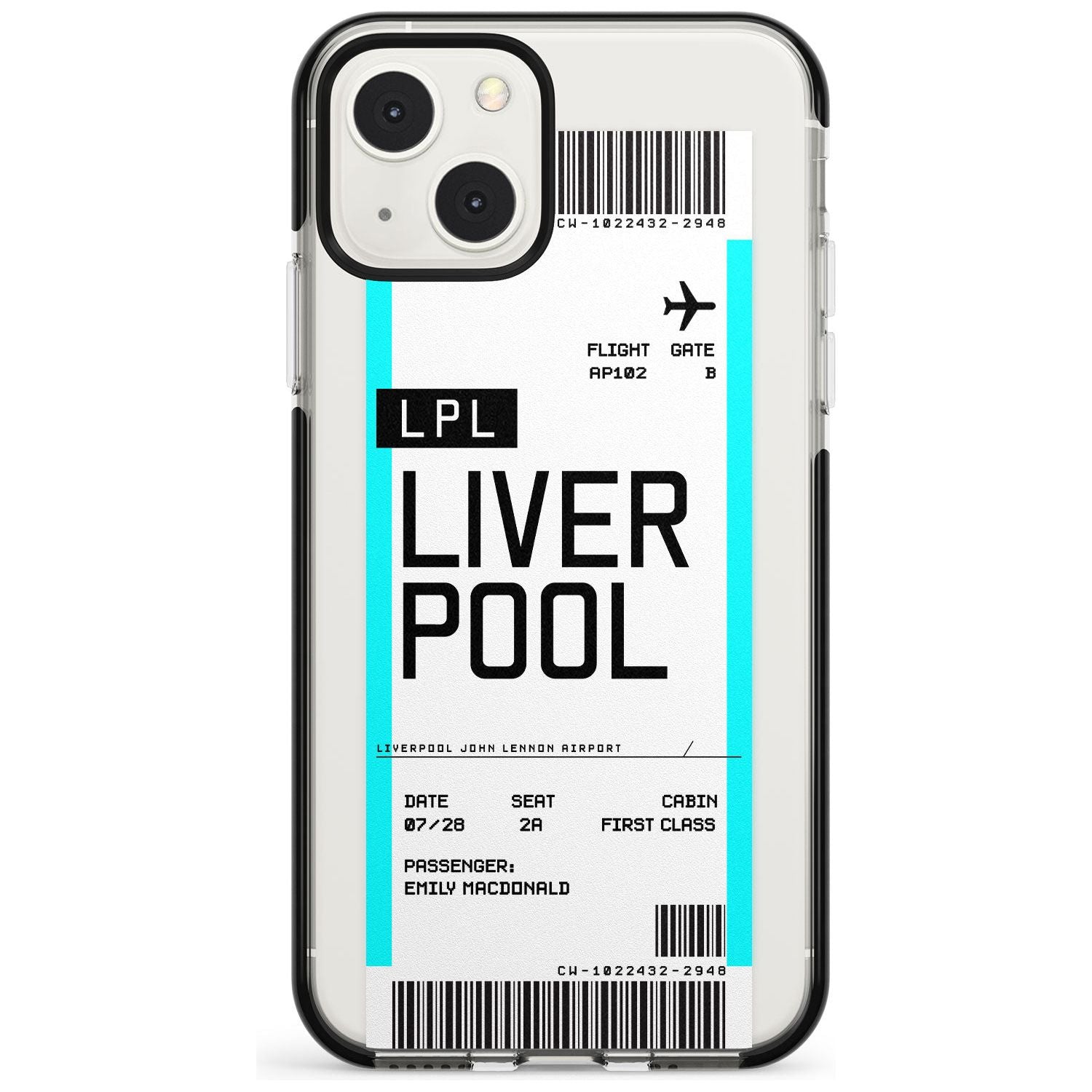 Personalised Liverpool Boarding Pass Custom Phone Case iPhone 13 Mini / Black Impact Case Blanc Space
