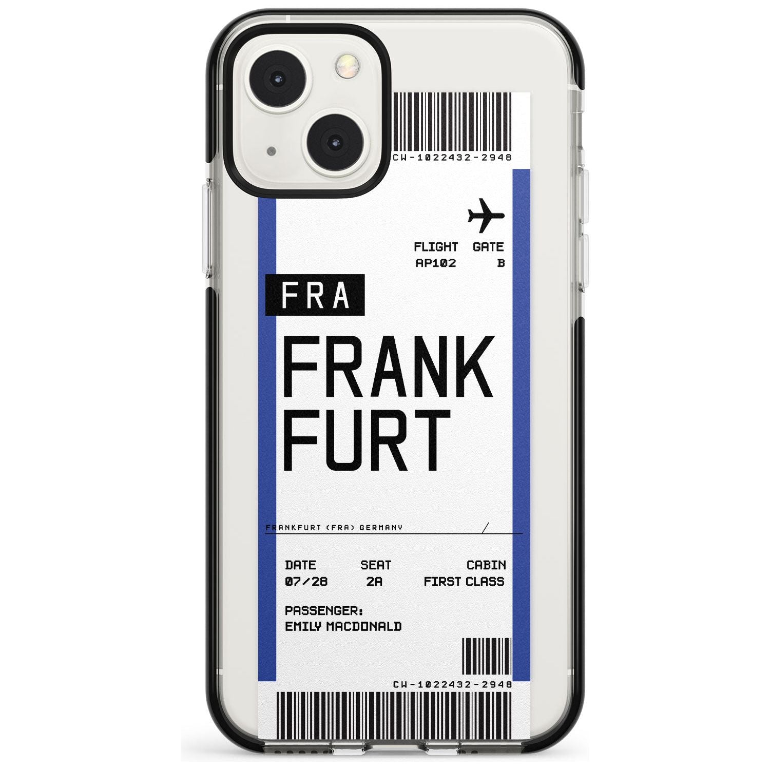Personalised Frankfurt Boarding Pass Custom Phone Case iPhone 13 Mini / Black Impact Case Blanc Space