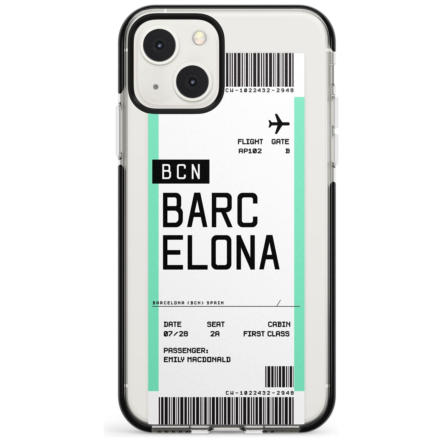 Personalised Barcelona Boarding Pass Custom Phone Case iPhone 13 Mini / Black Impact Case Blanc Space