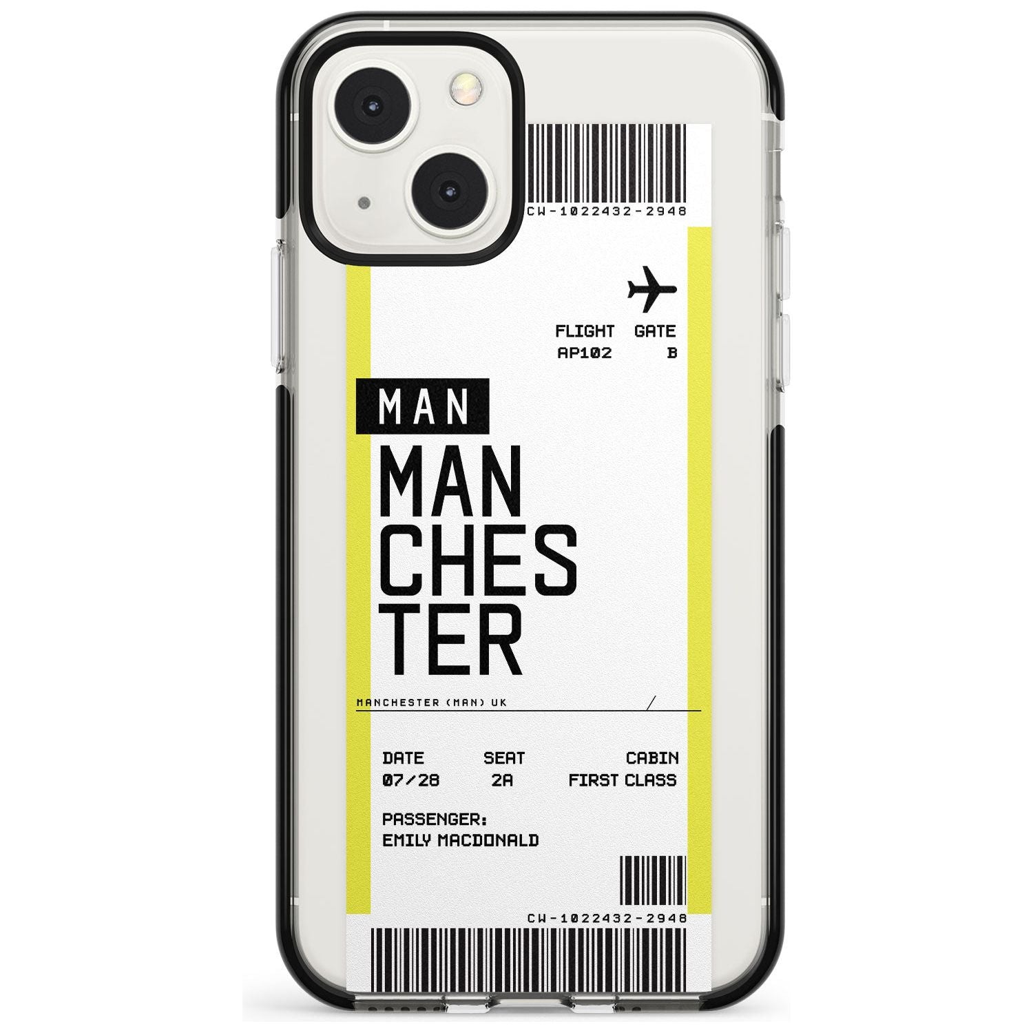 Personalised Manchester Boarding Pass Custom Phone Case iPhone 13 Mini / Black Impact Case Blanc Space