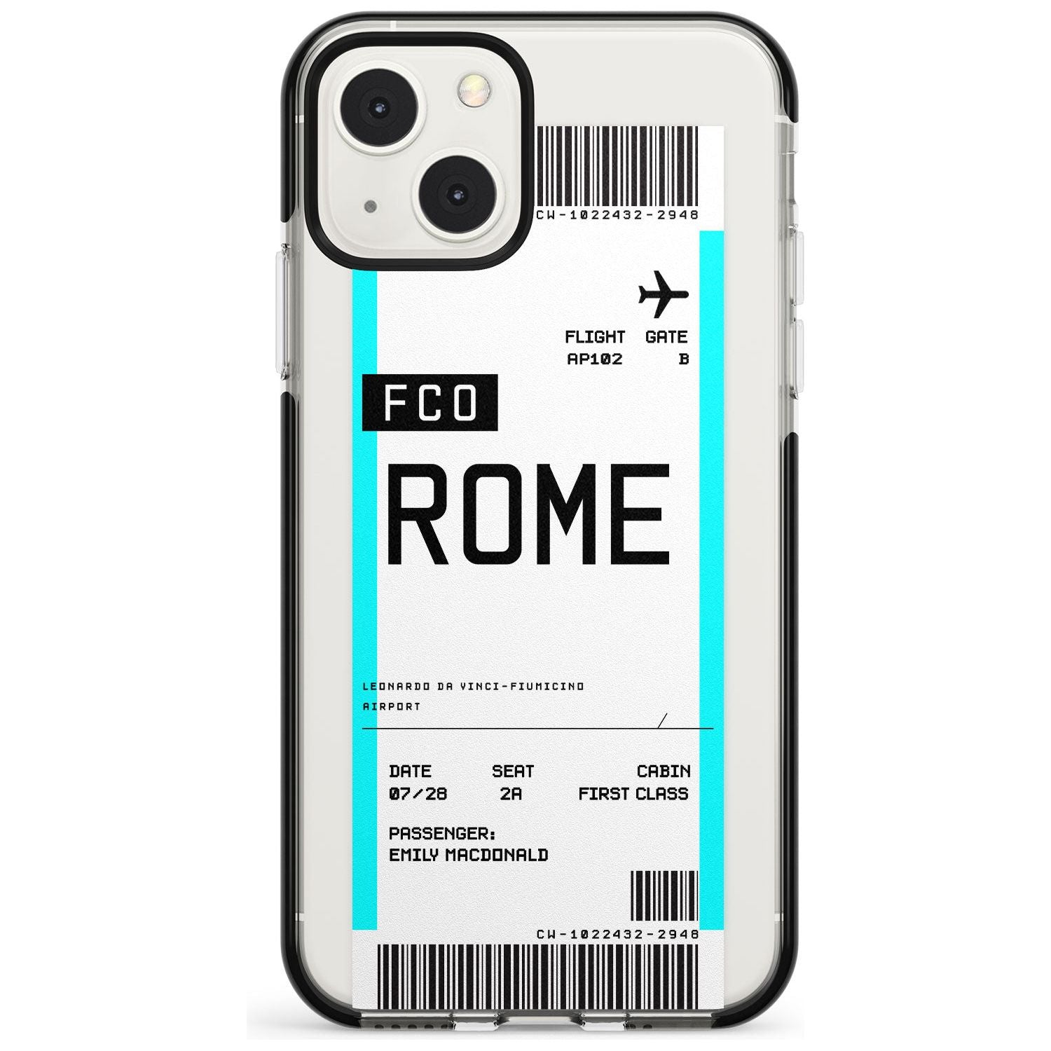 Personalised Rome Boarding Pass Custom Phone Case iPhone 13 Mini / Black Impact Case Blanc Space