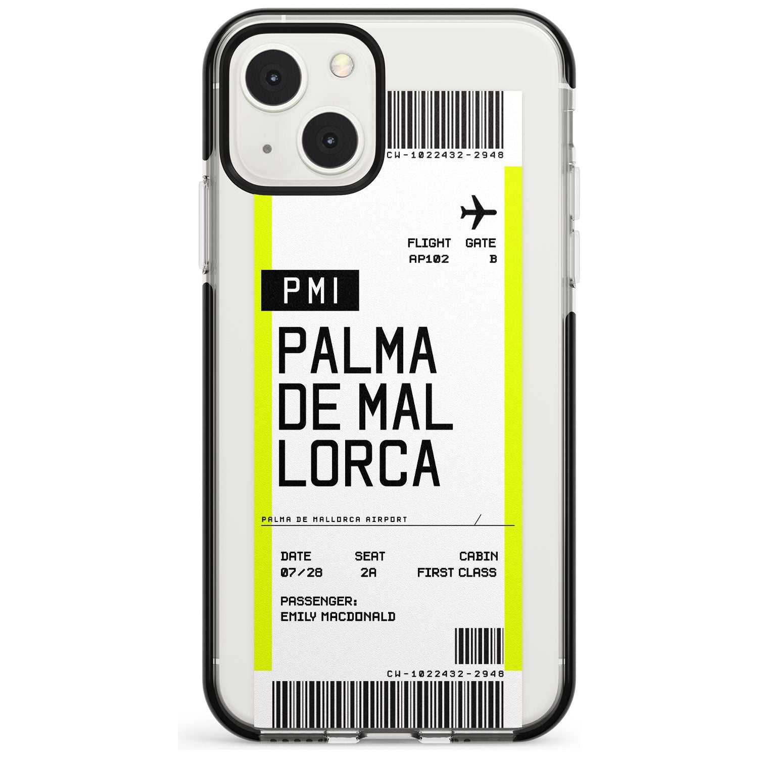 Personalised Palma De Mallorca Boarding Pass Custom Phone Case iPhone 13 Mini / Black Impact Case Blanc Space
