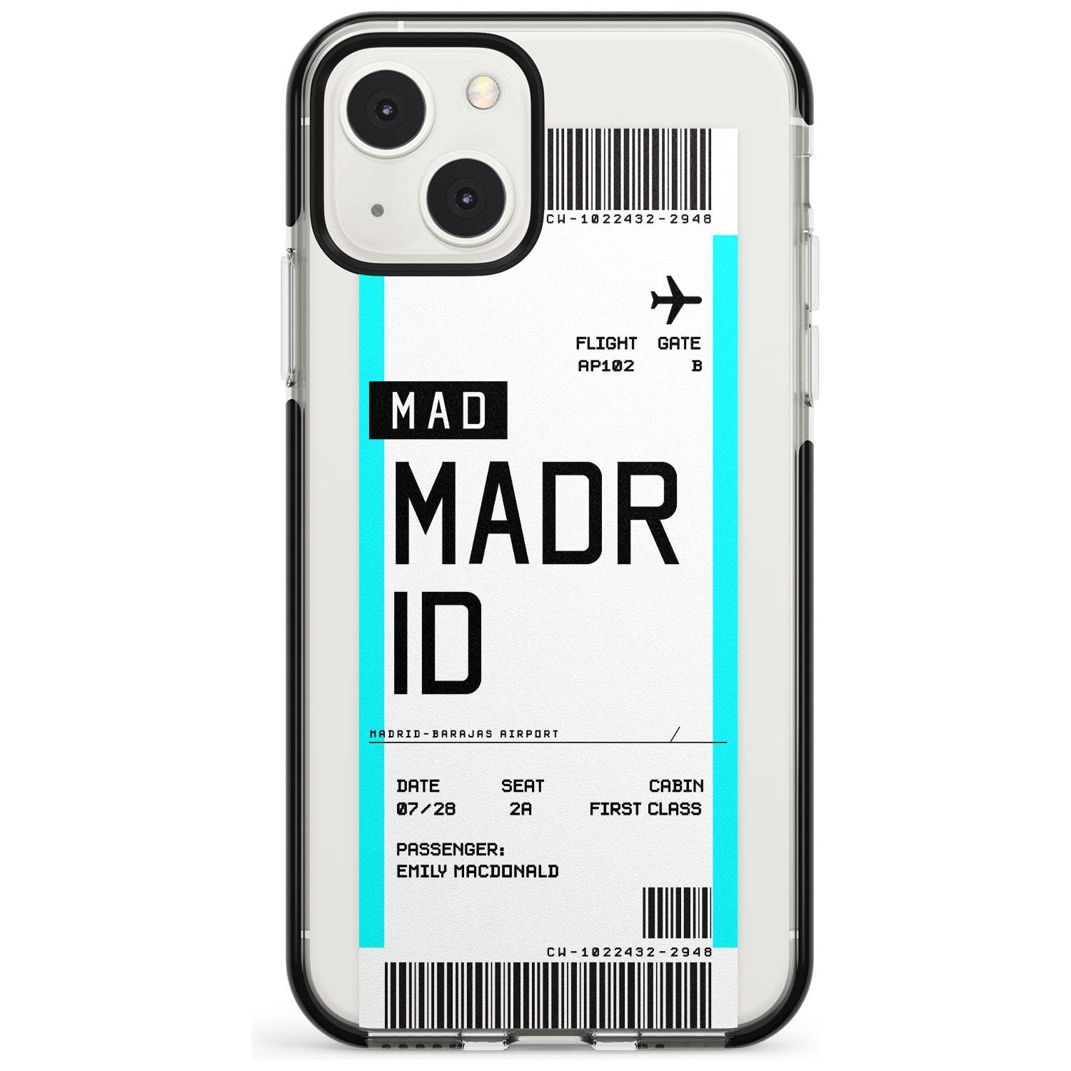 Personalised Madrid Boarding Pass Custom Phone Case iPhone 13 Mini / Black Impact Case Blanc Space