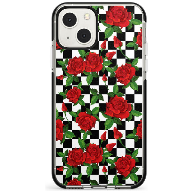 Checkered Pattern & Red Roses Phone Case iPhone 13 Mini / Black Impact Case Blanc Space