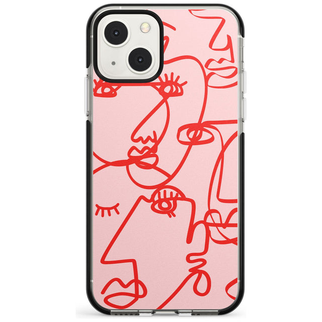 Abstract Continuous Line Faces Red on Pink Phone Case iPhone 13 Mini / Black Impact Case Blanc Space
