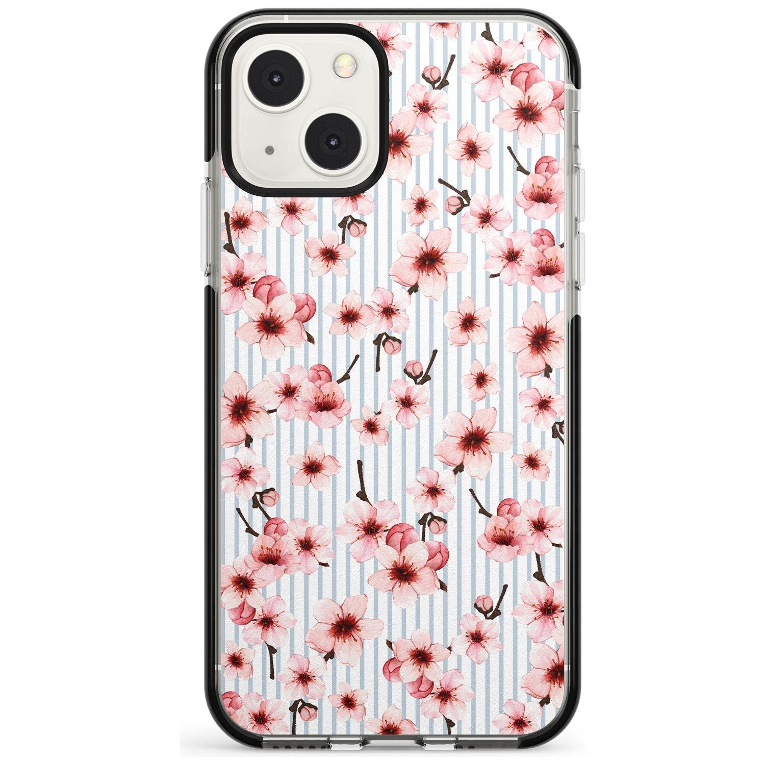 Cherry Blossoms on Blue Stripes Pattern Phone Case iPhone 13 Mini / Black Impact Case Blanc Space