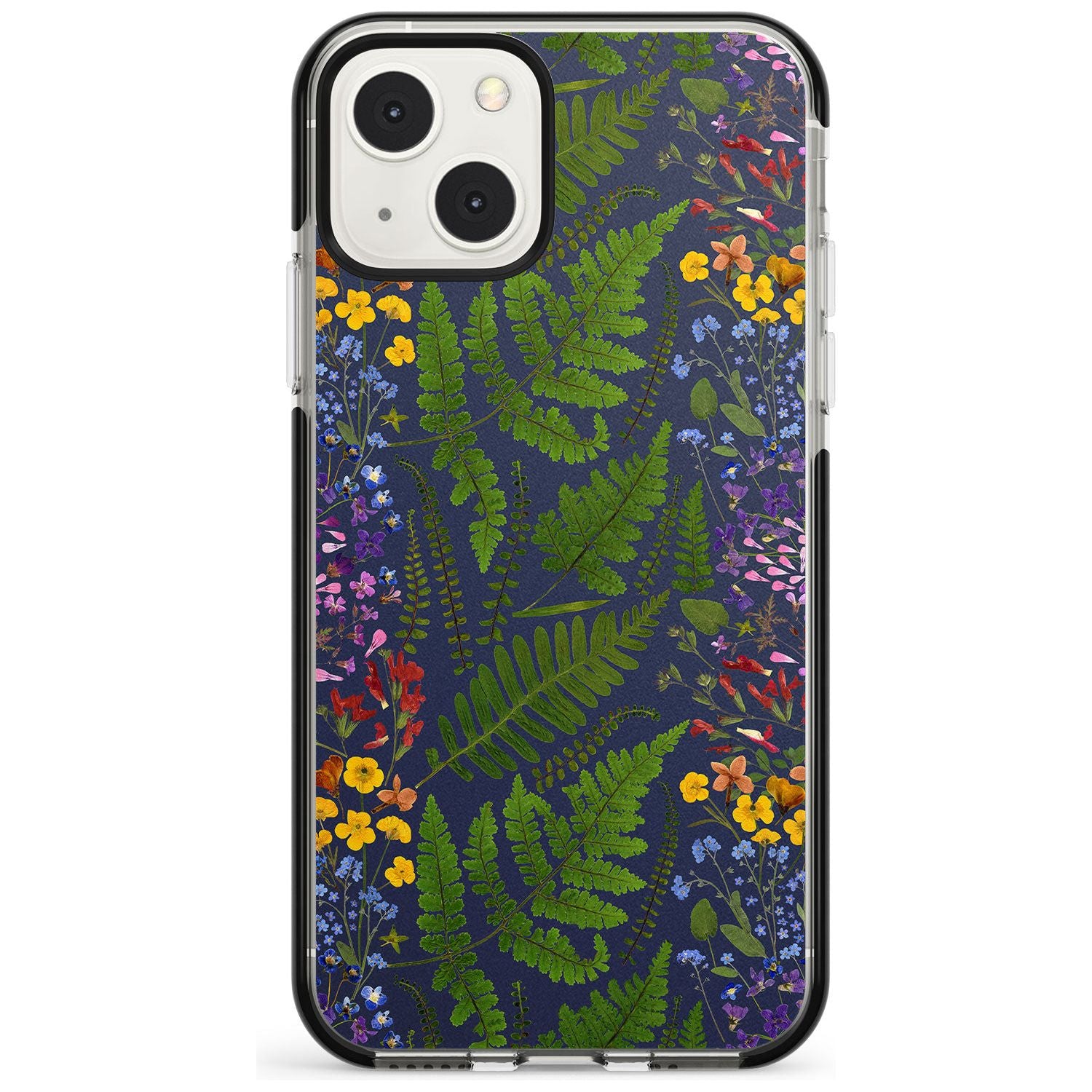 Busy Floral and Fern Design - Navy Phone Case iPhone 13 Mini / Black Impact Case Blanc Space