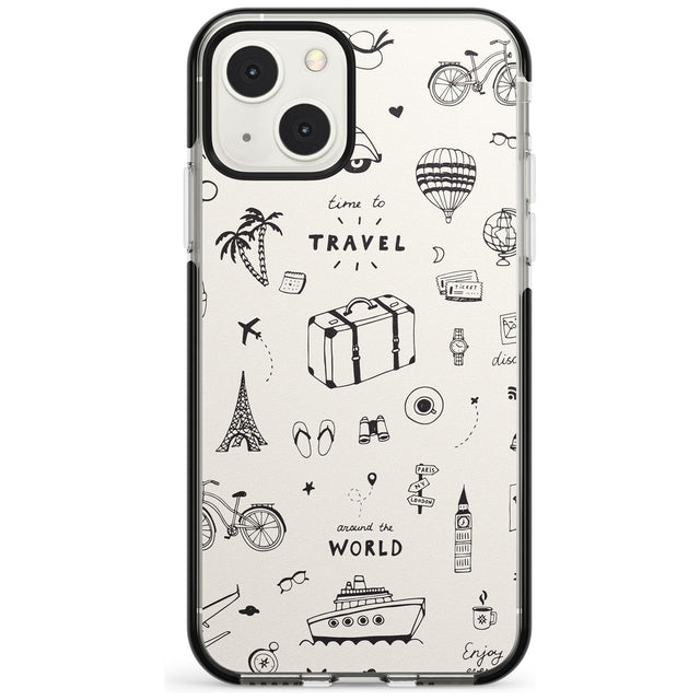 Cute Travel Pattern, White on Phone Case iPhone 13 Mini / Black Impact Case Blanc Space